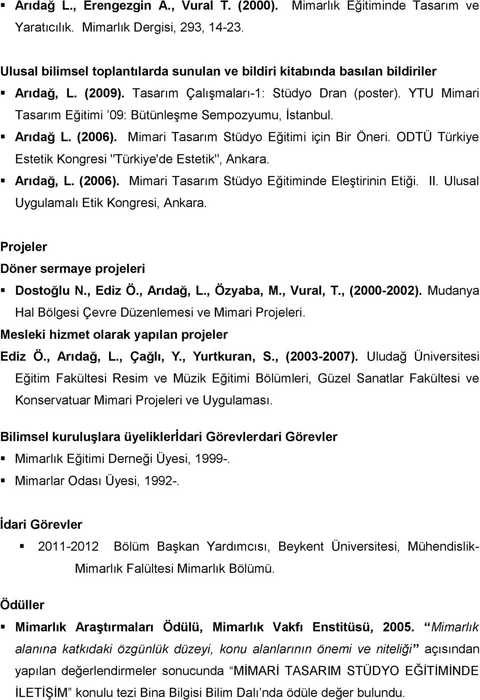 YTU Mimari Tasarım Eğitimi 09: Bütünleşme Sempozyumu, İstanbul. Arıdağ L. (2006). Mimari Tasarım Stüdyo Eğitimi için Bir Öneri. ODTÜ Türkiye Estetik Kongresi "Türkiye'de Estetik", Ankara. Arıdağ, L.