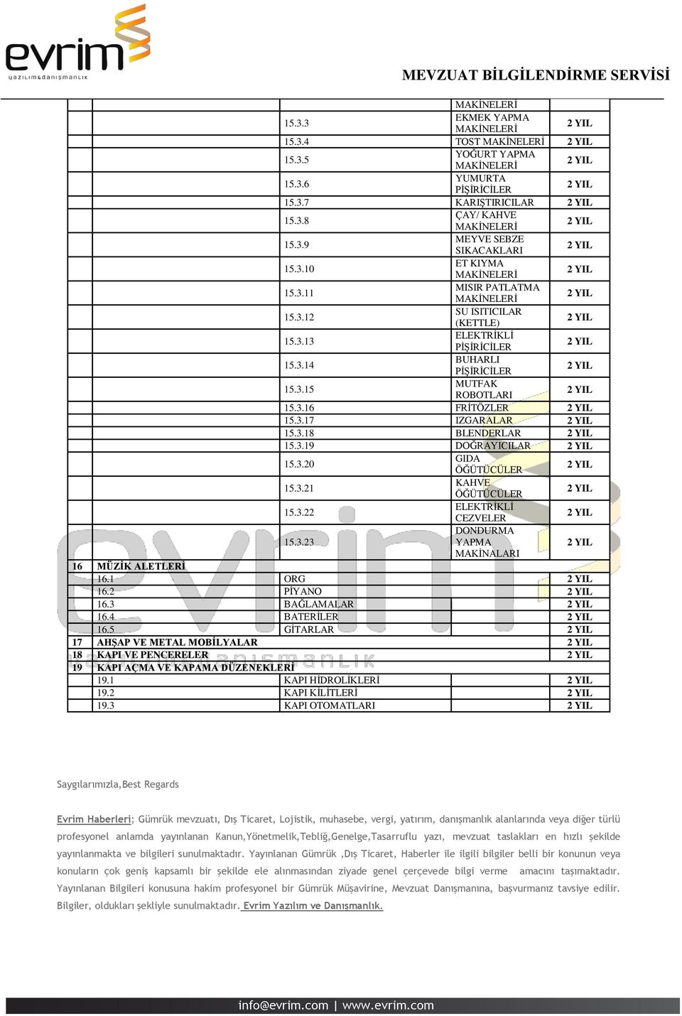 3.21 ÖĞÜTÜCÜLER ELEKTRİKLİ 15.3.22 CEZVELER DONDURMA 15.3.23 YAPMA MAKİNALARI 16 MÜZİK ALETLERİ 16.1 ORG 16.2 PİYANO 16.3 BAĞLAMALAR 16.4 BATERİLER 16.