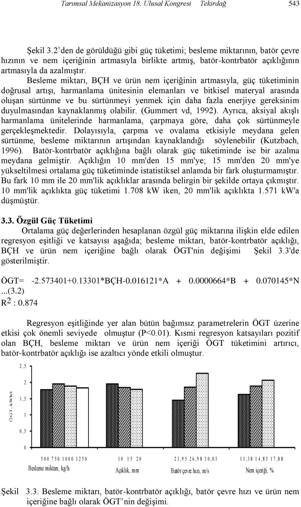 Besleme miktarı, BÇH ve ürün nem içeriğinin artmasıyla, güç tüketiminin doğrusal artıģı, harmanlama ünitesinin elemanları ve bitkisel materyal arasında oluģan sürtünme ve bu sürtünmeyi yenmek için