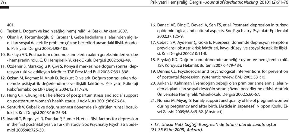 Postpartum dönemde annelerin bakım gereksinimleri ve ebe - hemşirenin rolü. C. Ü. Hemşirelik Yüksek Okulu Dergisi 2002;6:42-49. 11. Özdemir S, Marakoğlu K, Çivi S.