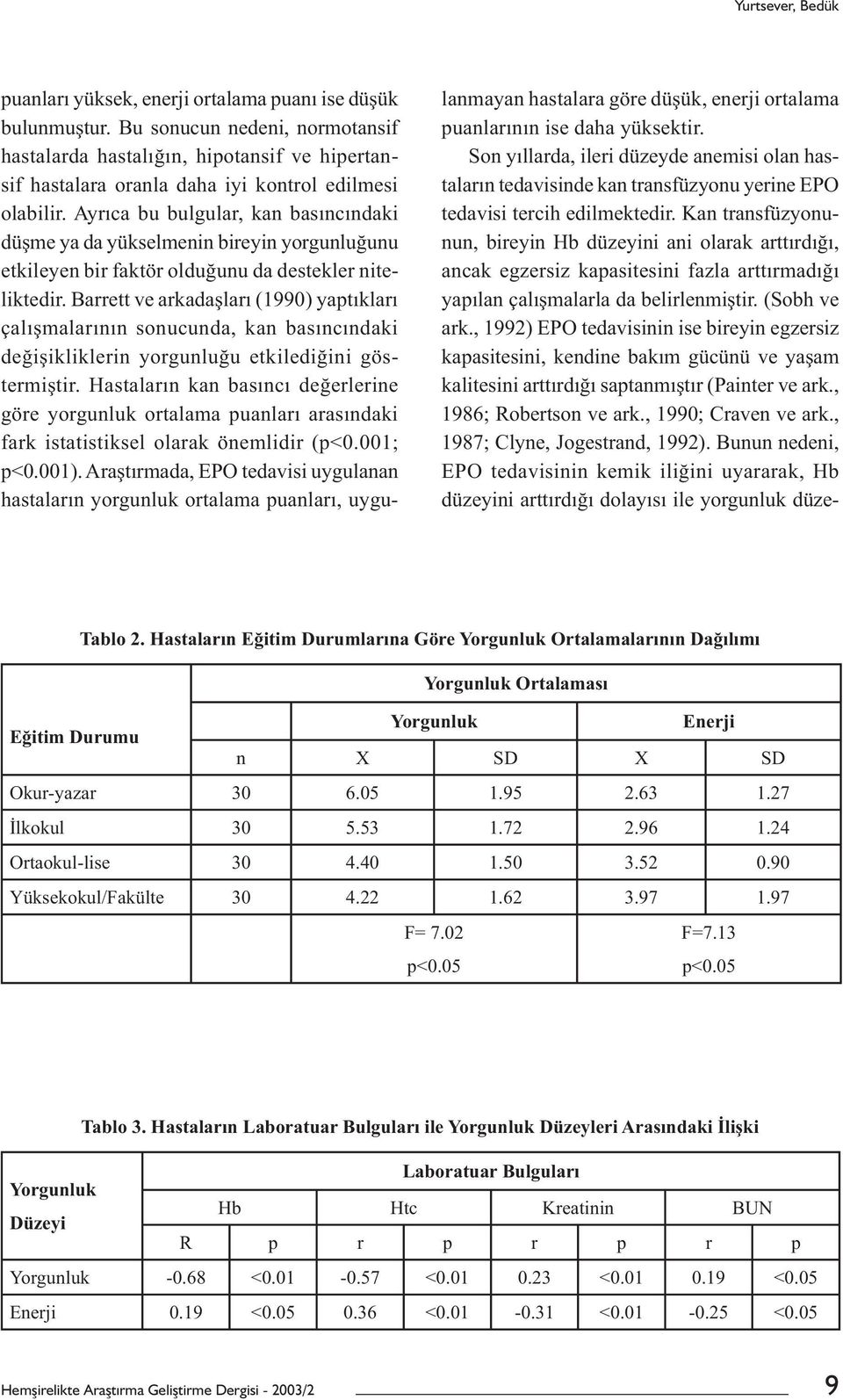 Ayrıca bu bulgular, kan basıncındaki düşme ya da yükselmenin bireyin yorgunluğunu etkileyen bir faktör olduğunu da destekler niteliktedir.