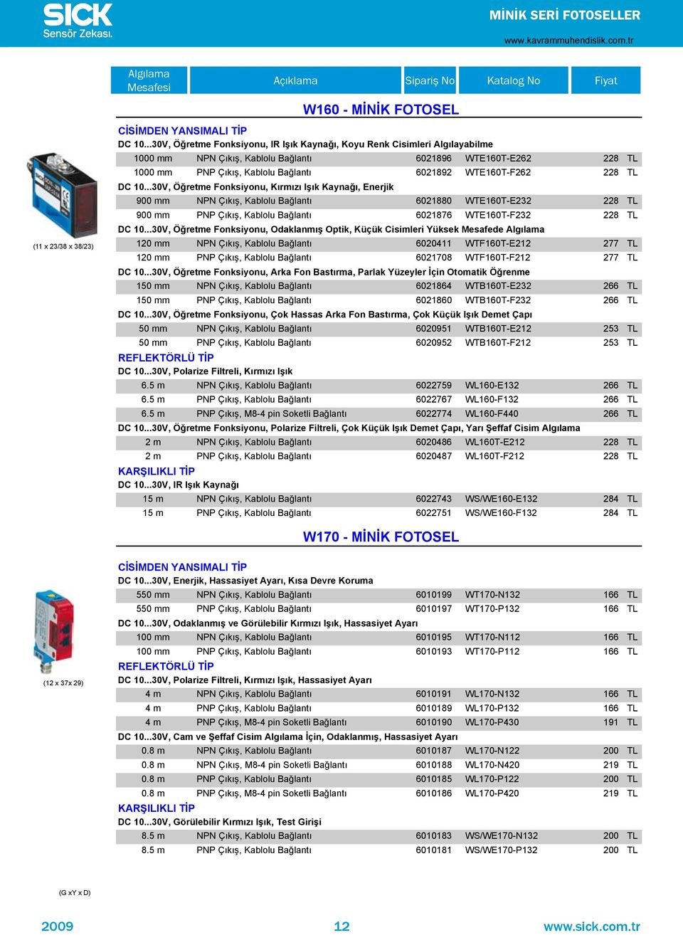 TL DC 10...30V, Ö retme Fonksiyonu, K rm z I k Kayna, Enerjik 900 mm NPN Ç k ş, Kablolu Bağlant 6021880 WTE160T-E232 228 TL 900 mm PNP Ç k ş, Kablolu Bağlant 6021876 WTE160T-F232 228 TL DC 10.