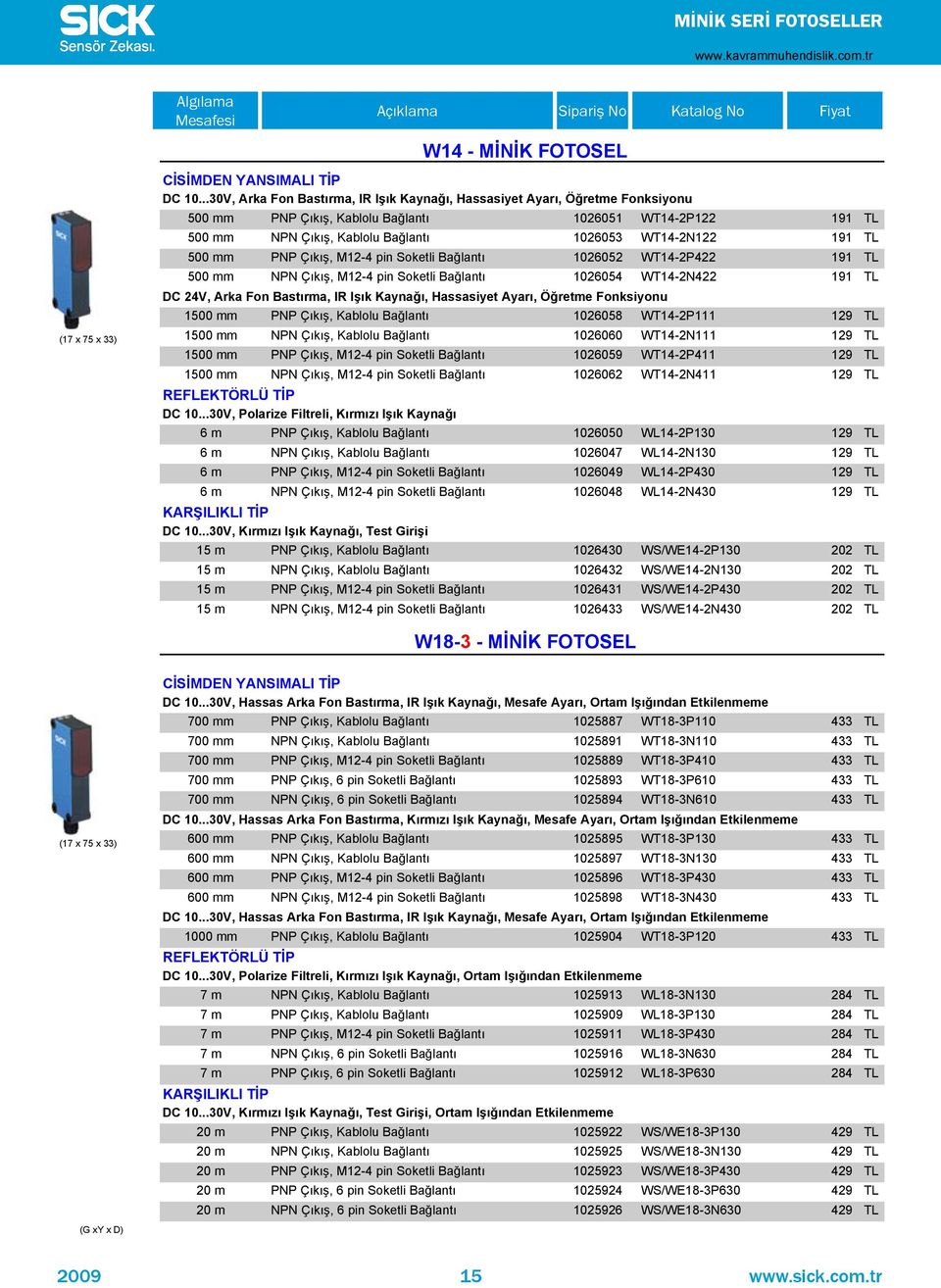 1026060 WT14-2N111 129 TL 1500 mm PNP Ç k ş, M12-4 pin Soketli Bağlant 1026059 WT14-2P411 129 TL 1500 mm NPN Ç k ş, M12-4 pin Soketli Bağlant 1026062 WT14-2N411 129 TL DC 10.