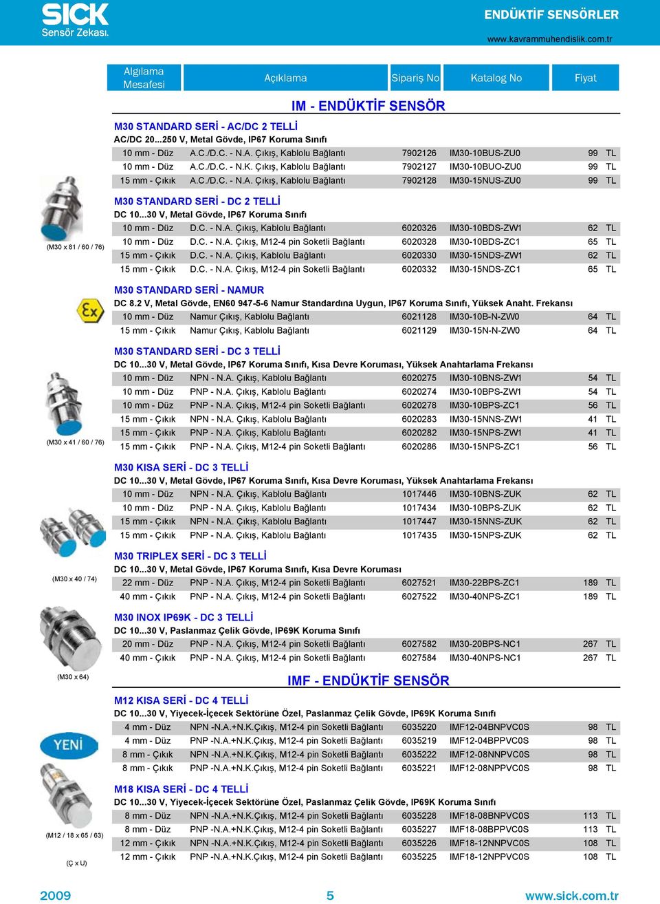 ..30 V, Metal Gövde, IP67 Koruma S n f 10 mm - Düz D.C. - N.A. Ç k ş, Kablolu Bağlant 6020326 IM30-10BDS-ZW1 62 TL 10 mm - Düz D.C. - N.A. Ç k ş, M12-4 pin Soketli Bağlant 6020328 IM30-10BDS-ZC1 65 TL 15 mm - Ç k k D.