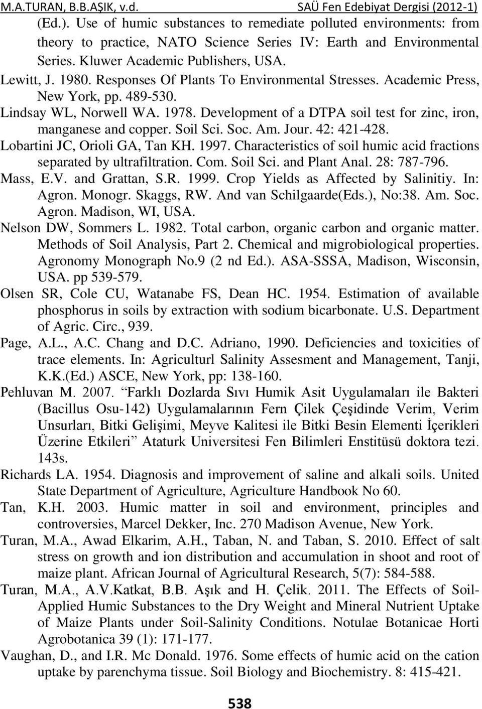 Development of a DTPA soil test for zinc, iron, manganese and copper. Soil Sci. Soc. Am. Jour. 42: 421-428. Lobartini JC, Orioli GA, Tan KH. 1997.