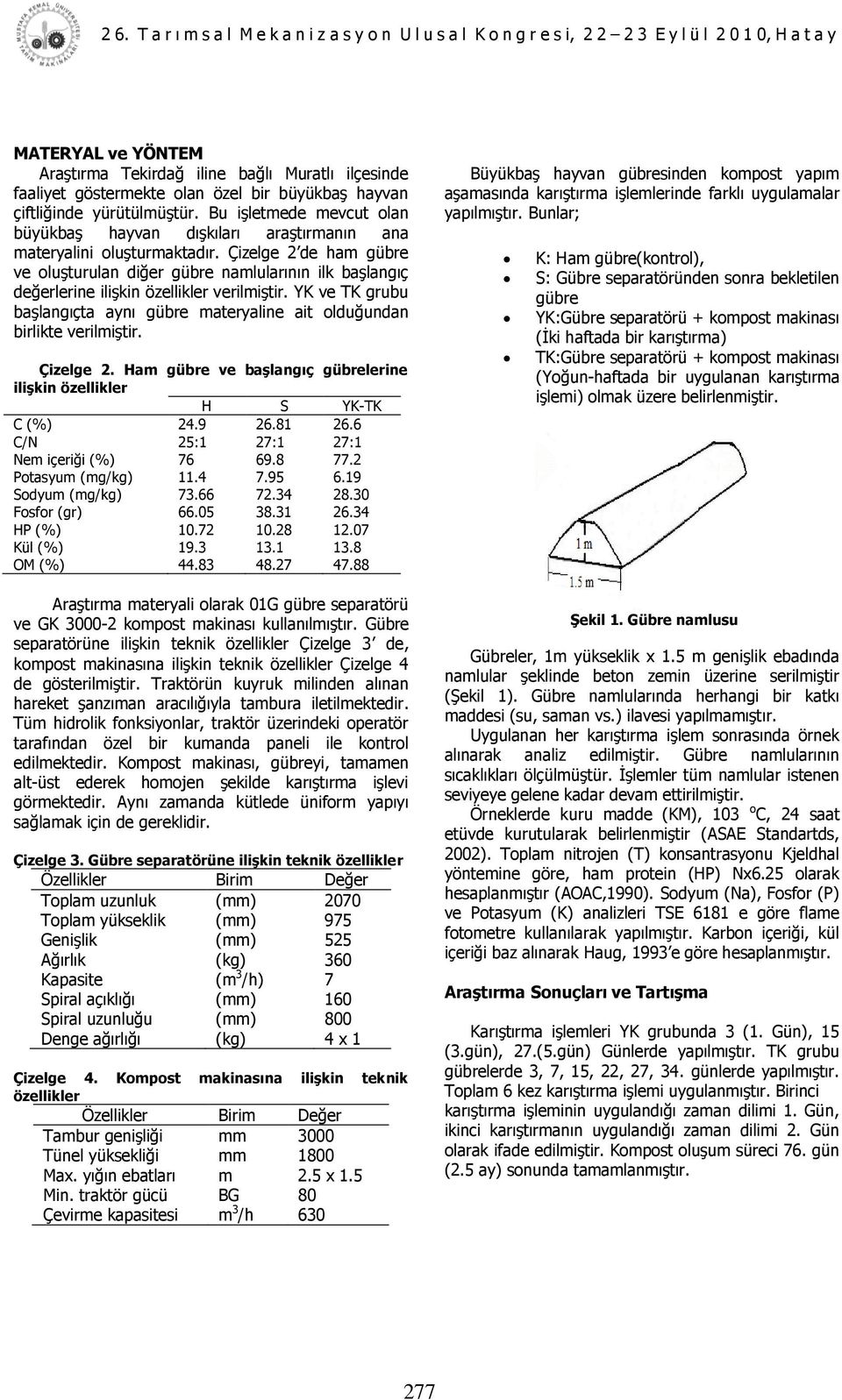 Çizelge 2 de ham gübre ve oluģturulan diğer gübre namlularının ilk baģlangıç değerlerine iliģkin özellikler verilmiģtir.