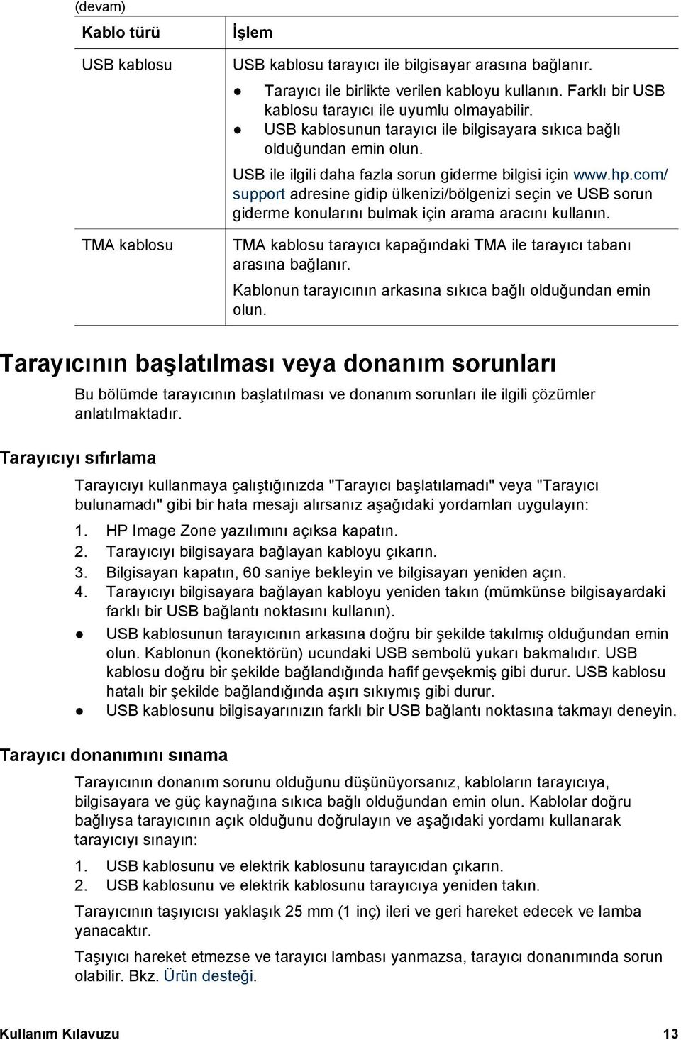 com/ support adresine gidip ülkenizi/bölgenizi seçin ve USB sorun giderme konularını bulmak için arama aracını kullanın. TMA kablosu tarayıcı kapağındaki TMA ile tarayıcı tabanı arasına bağlanır.