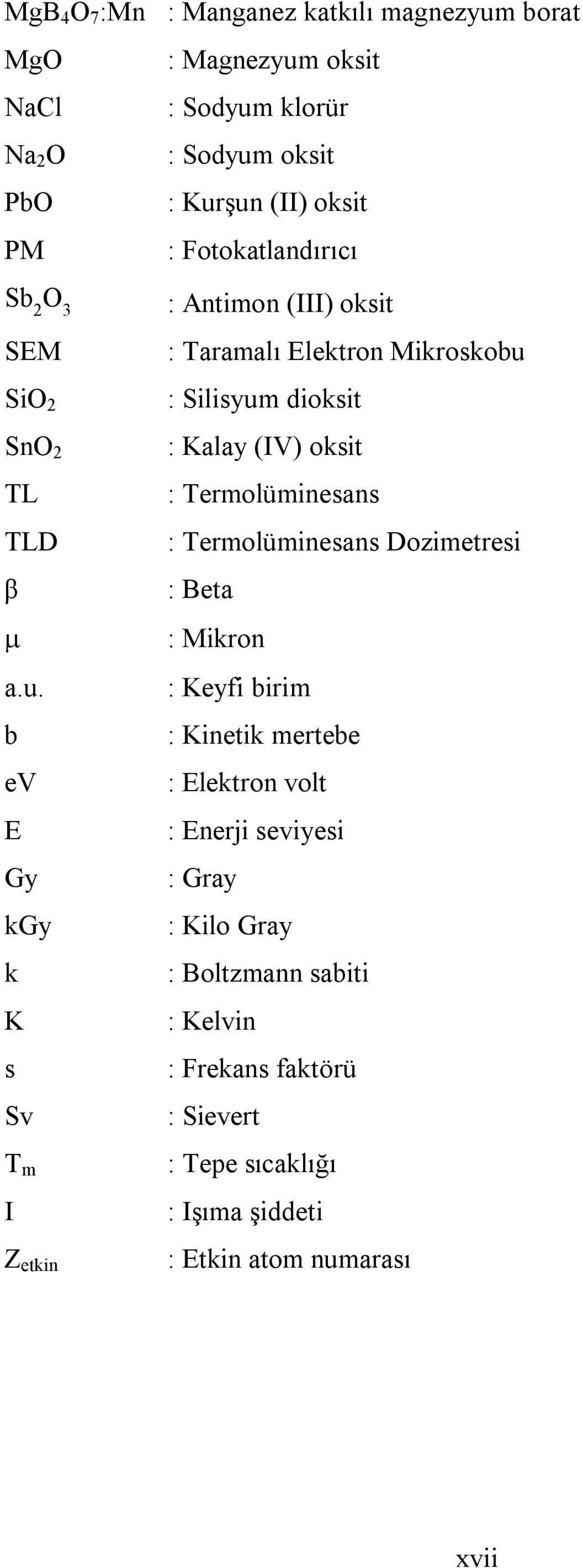 b ev E Gy kgy k K s Sv T m I Z etkin : Antimon (III) oksit : Taramalı Elektron Mikroskobu : Silisyum dioksit : Kalay (IV) oksit : Termolüminesans :