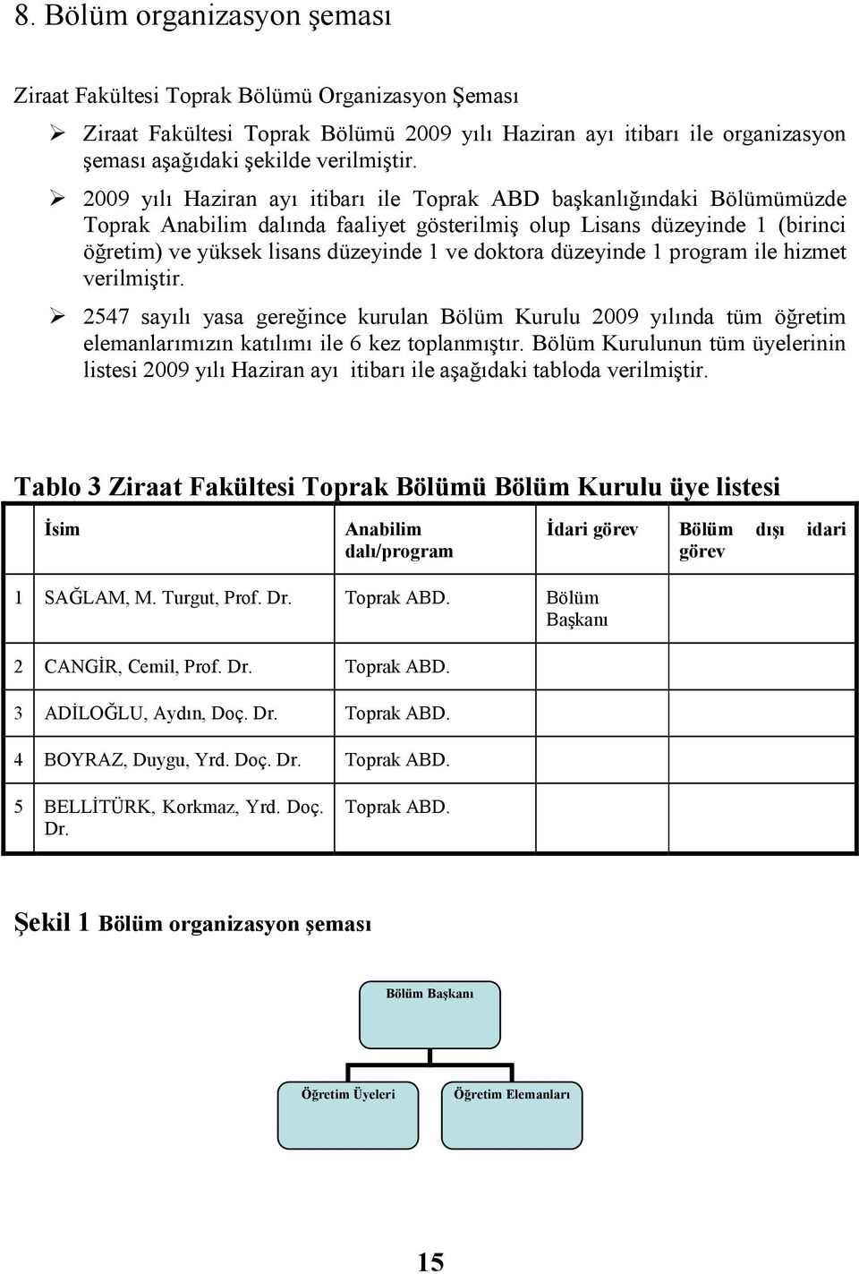 düzeyinde 1 program ile hizmet verilmiştir. 2547 sayılı yasa gereğince kurulan Bölüm Kurulu 2009 yılında tüm öğretim elemanlarımızın katılımı ile 6 kez toplanmıştır.