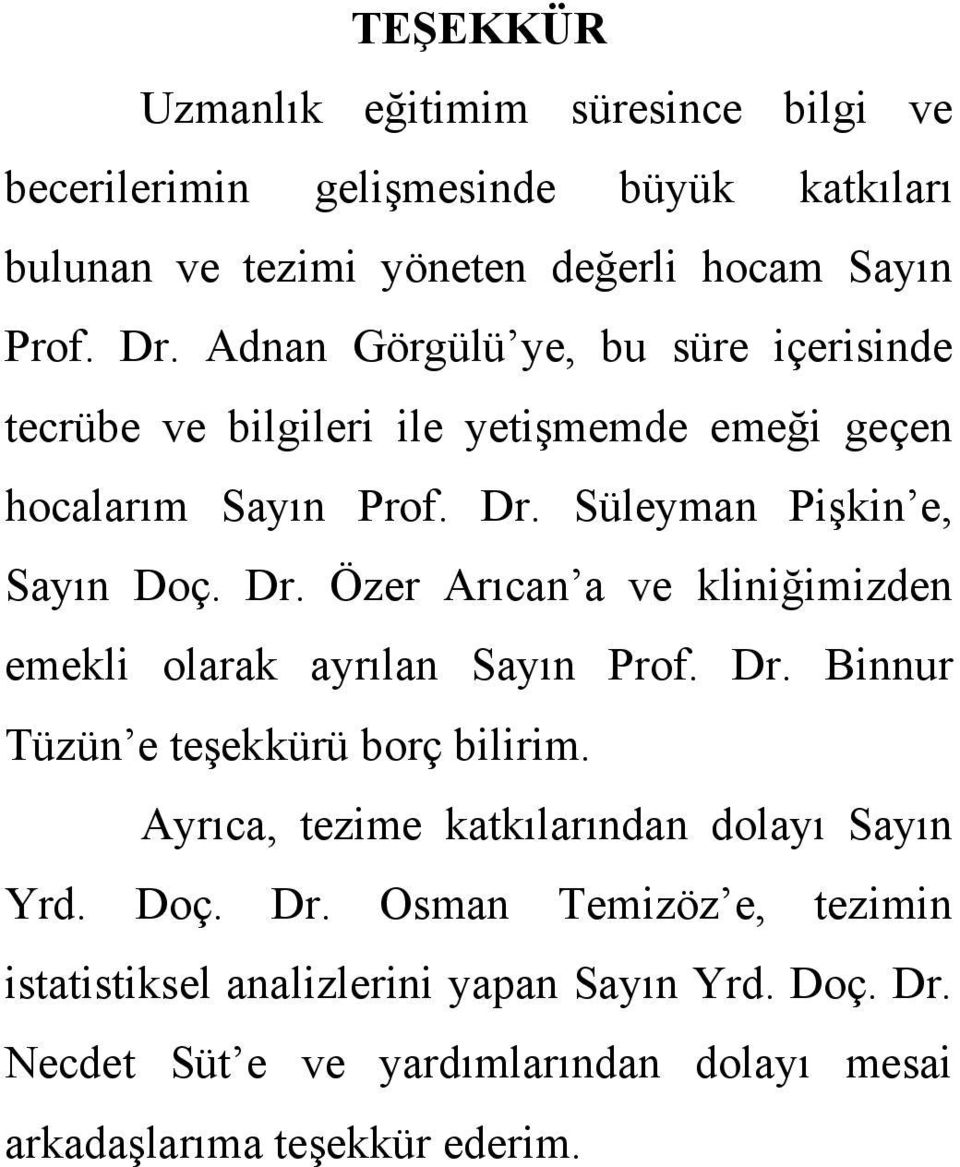 Süleyman Pişkin e, Sayın Doç. Dr. Özer Arıcan a ve kliniğimizden emekli olarak ayrılan Sayın Prof. Dr. Binnur Tüzün e teşekkürü borç bilirim.