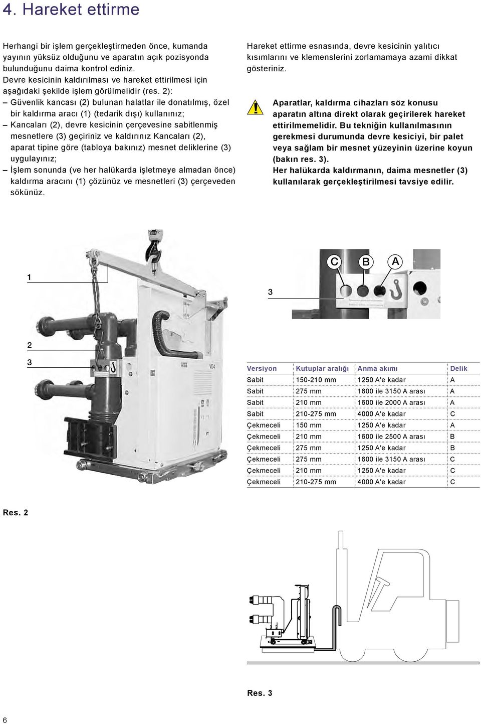 2): Güvenlik kancası (2) bulunan halatlar ile donatılmış, özel bir kaldırma aracı (1) (tedarik dışı) kullanınız; Kancaları (2), devre kesicinin çerçevesine sabitlenmiş mesnetlere (3) geçiriniz ve