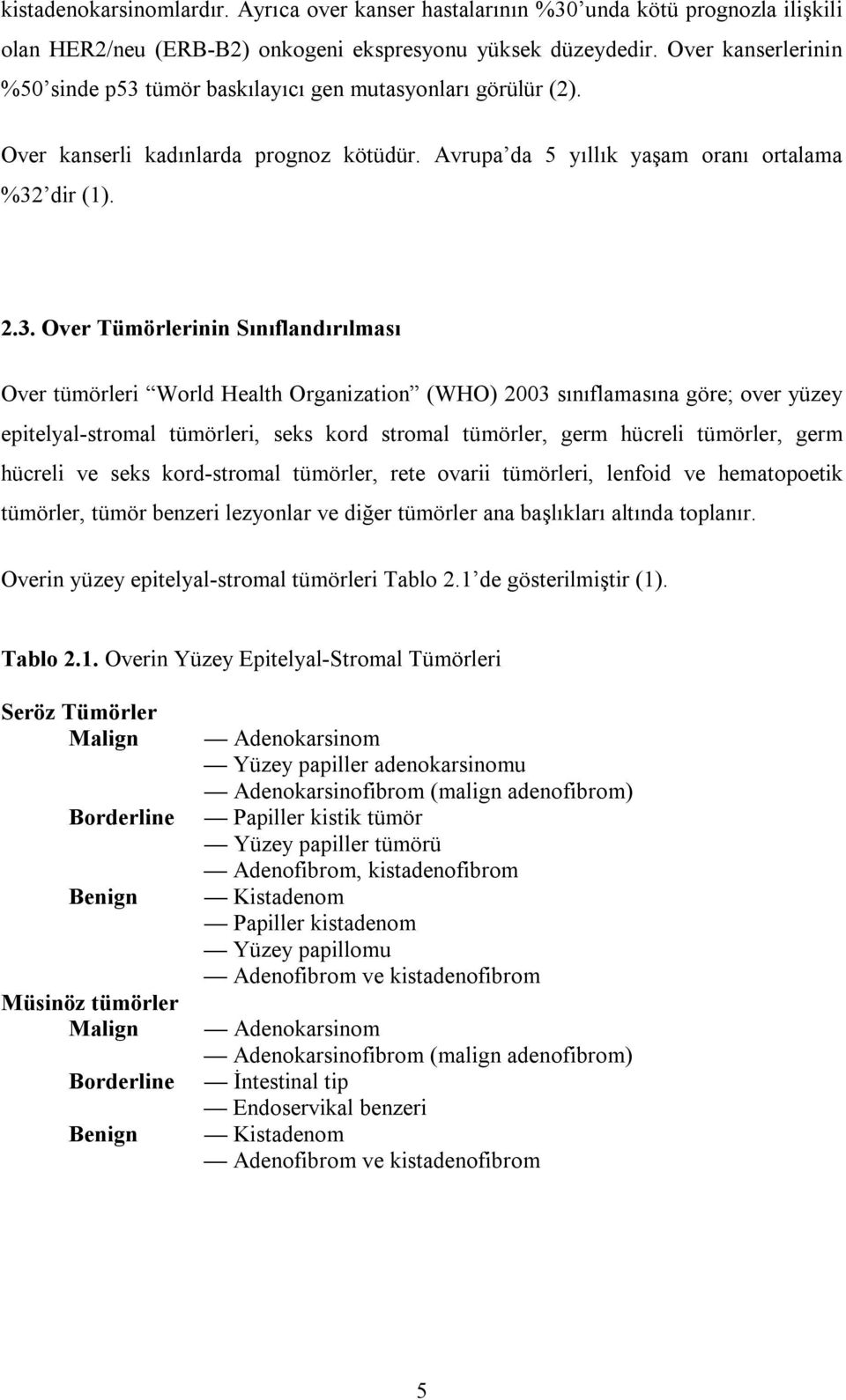 tümör baskılayıcı gen mutasyonları görülür (2). Over kanserli kadınlarda prognoz kötüdür. Avrupa da 5 yıllık yaşam oranı ortalama %32