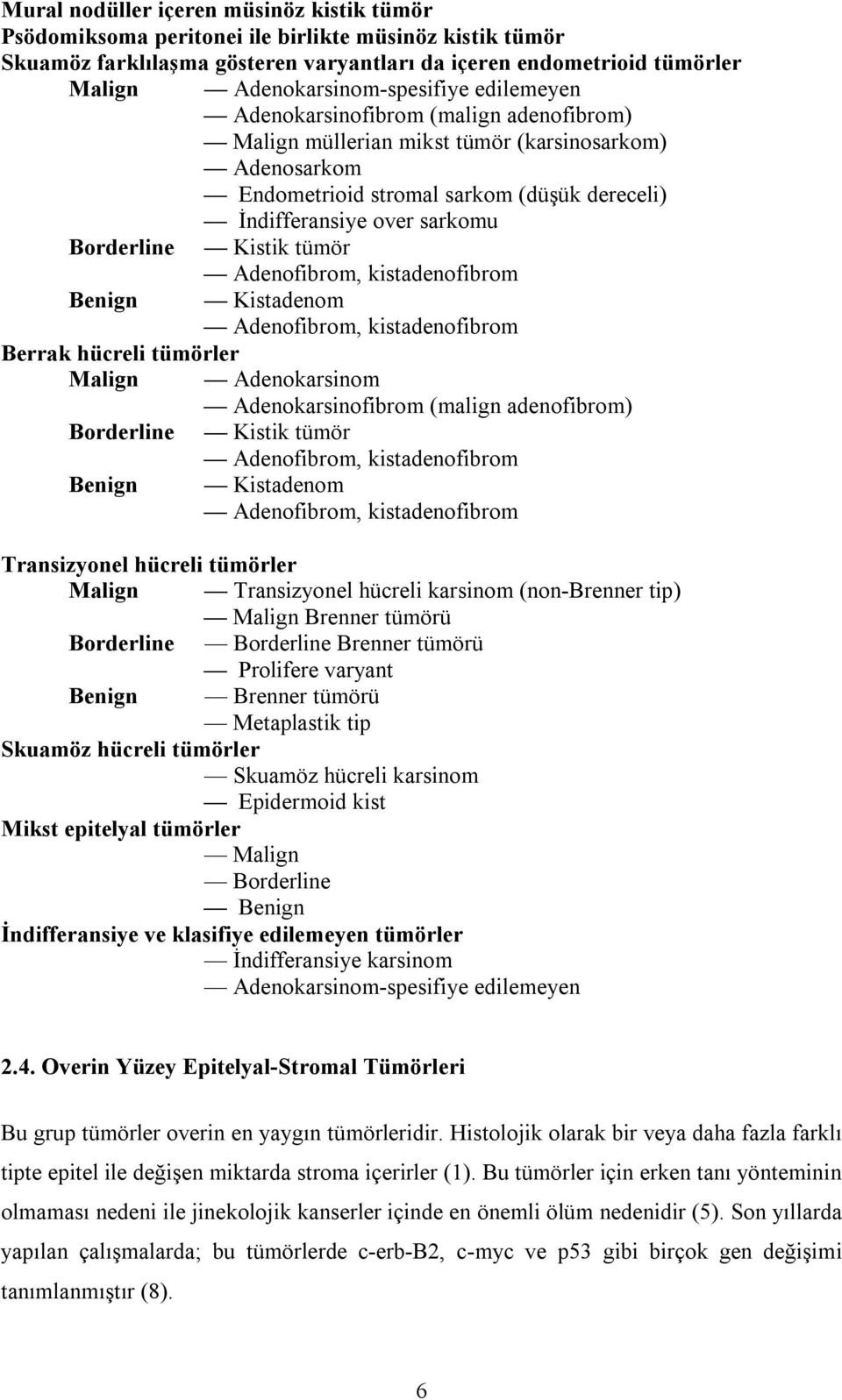 sarkomu Borderline Kistik tümör Adenofibrom, kistadenofibrom Benign Kistadenom Adenofibrom, kistadenofibrom Berrak hücreli tümörler Malign Adenokarsinom Adenokarsinofibrom (malign adenofibrom)