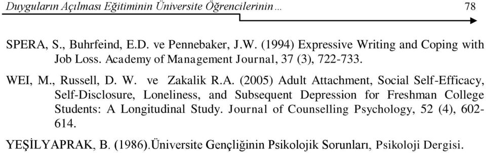 A. (2005) Adult Attachment, Social Self-Efficacy, Self-Disclosure, Loneliness, and Subsequent Depression for Freshman College