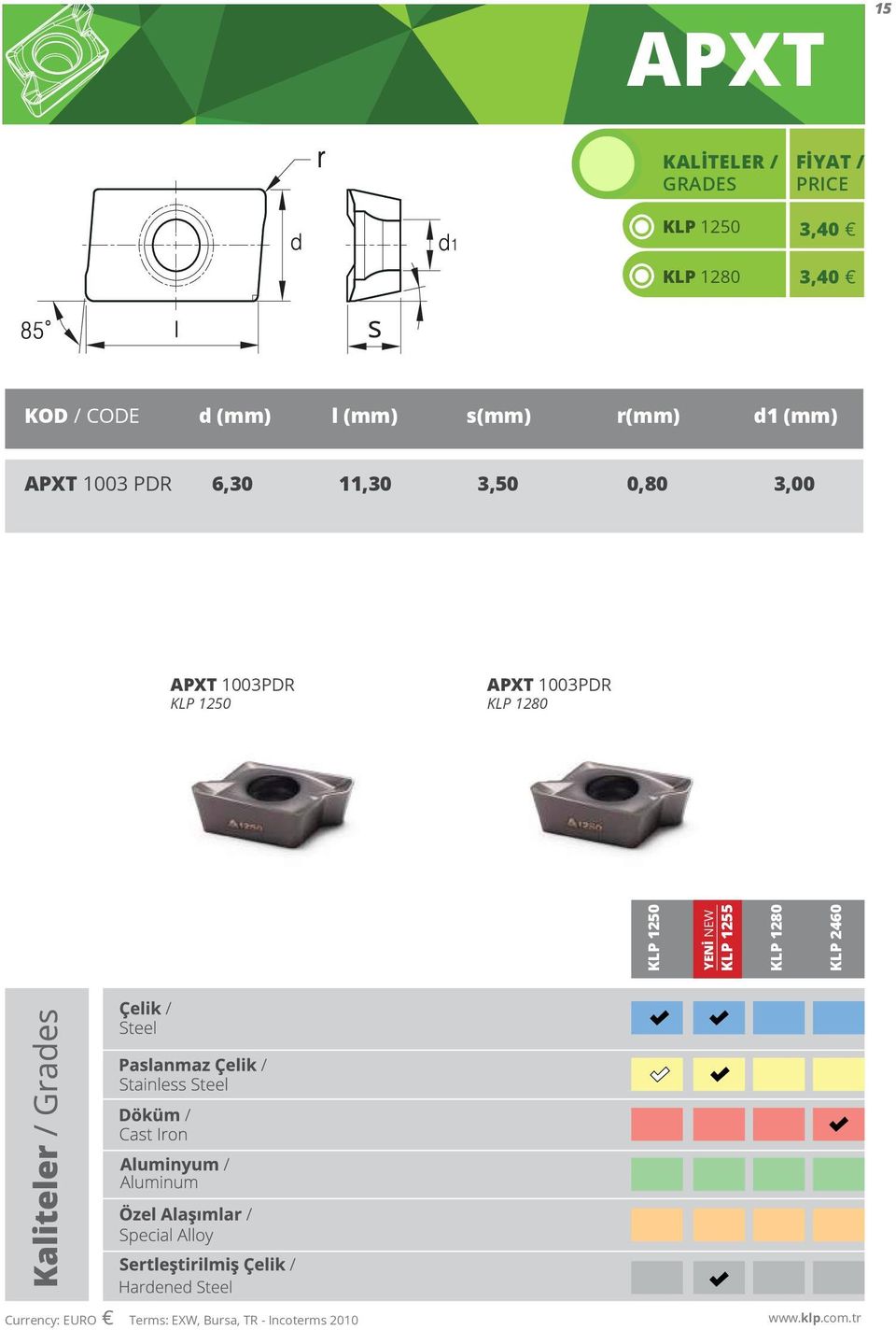 3,50 3,00 APXT 1003PDR APXT 1003PDR YENİ NEW KLP 1255 KLP 2460