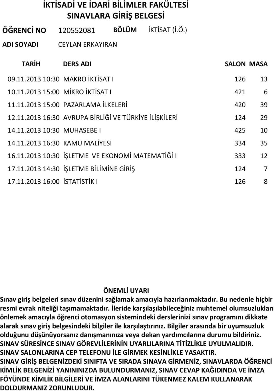 11.2013 16:30 KAMU MALİYESİ 334 35 16.11.2013 10:30 İŞLETME VE EKONOMİ MATEMATİĞİ I 333 12 17.11.2013 14:30 İŞLETME BİLİMİNE GİRİŞ 124 7 17.