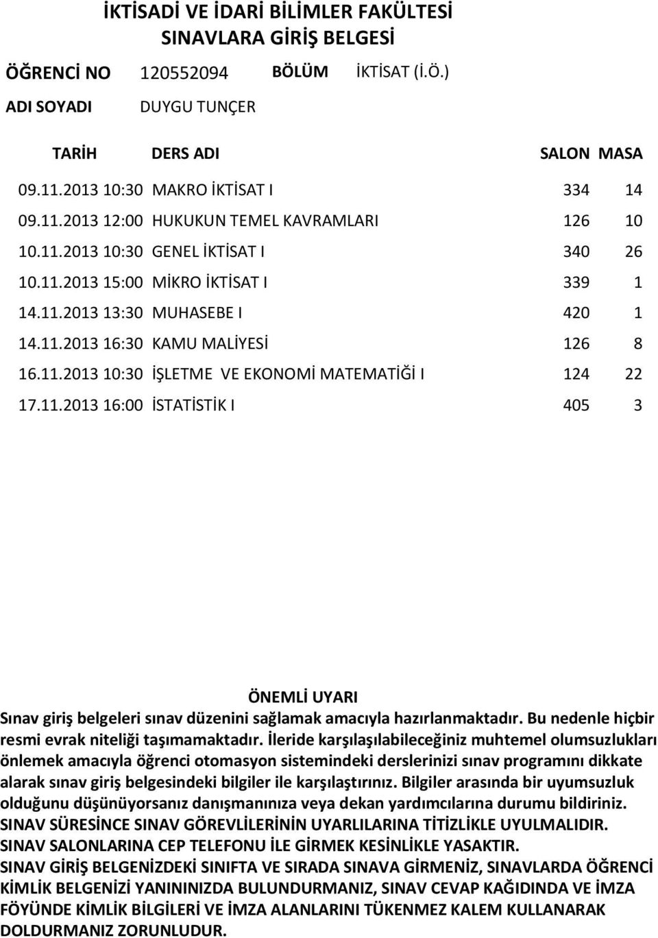 11.2013 15:00 MİKRO İKTİSAT I 339 1 14.11.2013 13:30 MUHASEBE I 420 1 14.11.2013 16:30 KAMU MALİYESİ 126 8 16.