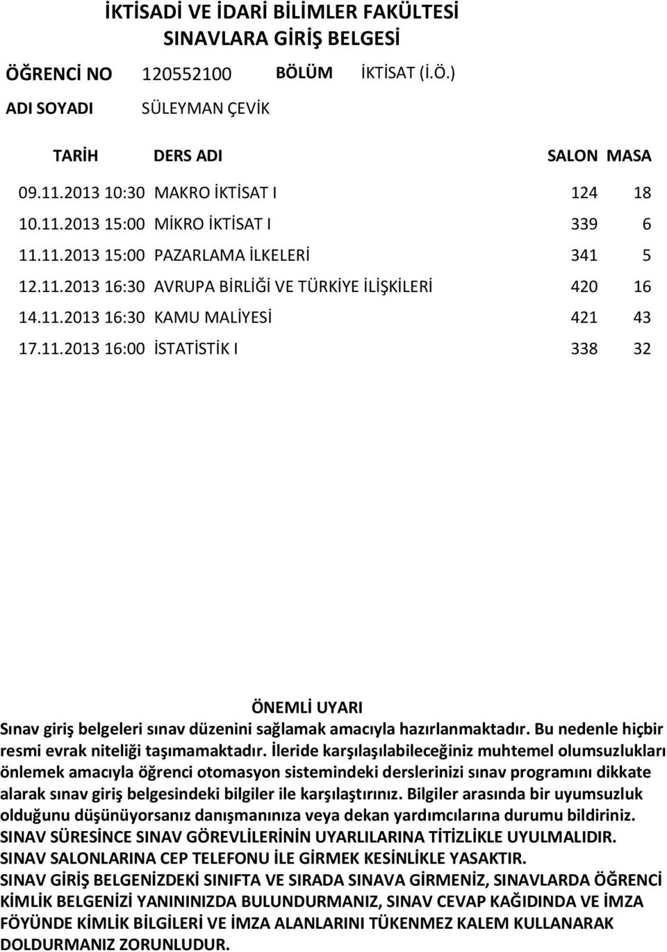 11.2013 15:00 PAZARLAMA İLKELERİ 341 5 12.11.2013 16:30 AVRUPA BİRLİĞİ VE TÜRKİYE İLİŞKİLERİ 420 16 14.