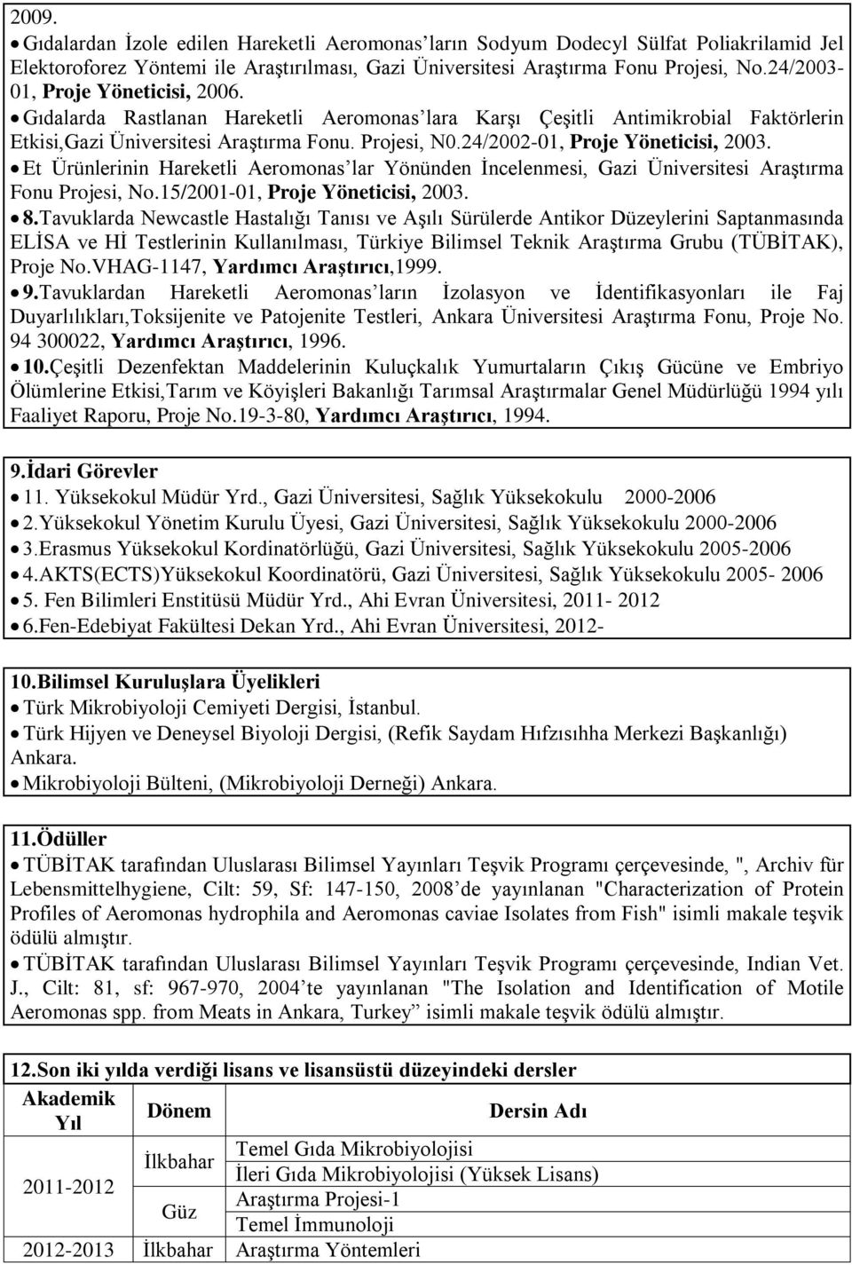 24/2002-01, Proje Yöneticisi, 2003. Et Ürünlerinin Hareketli Aeromonas lar Yönünden İncelenmesi, Gazi Üniversitesi Araştırma Fonu Projesi, No.15/2001-01, Proje Yöneticisi, 2003. 8.