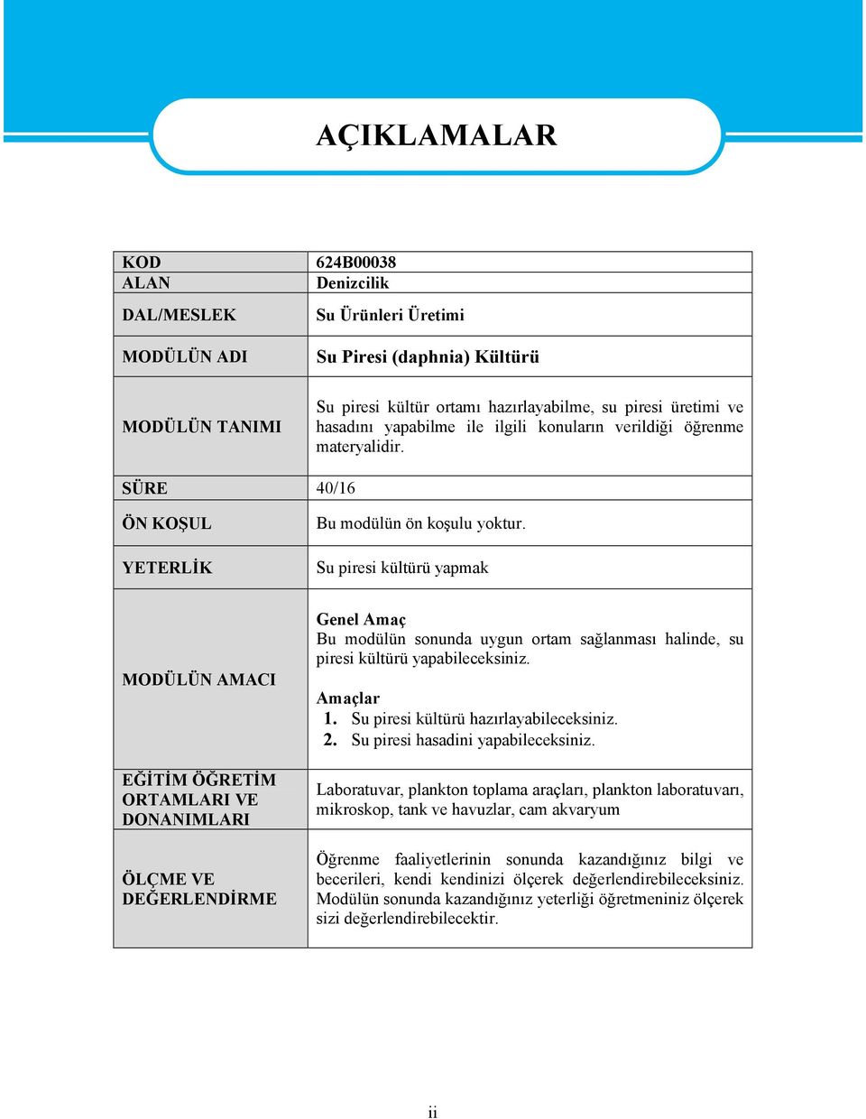 Su piresi kültürü yapmak MODÜLÜN AMACI EĞİTİM ÖĞRETİM ORTAMLARI VE DONANIMLARI ÖLÇME VE DEĞERLENDİRME Genel Amaç Bu modülün sonunda uygun ortam sağlanması halinde, su piresi kültürü yapabileceksiniz.