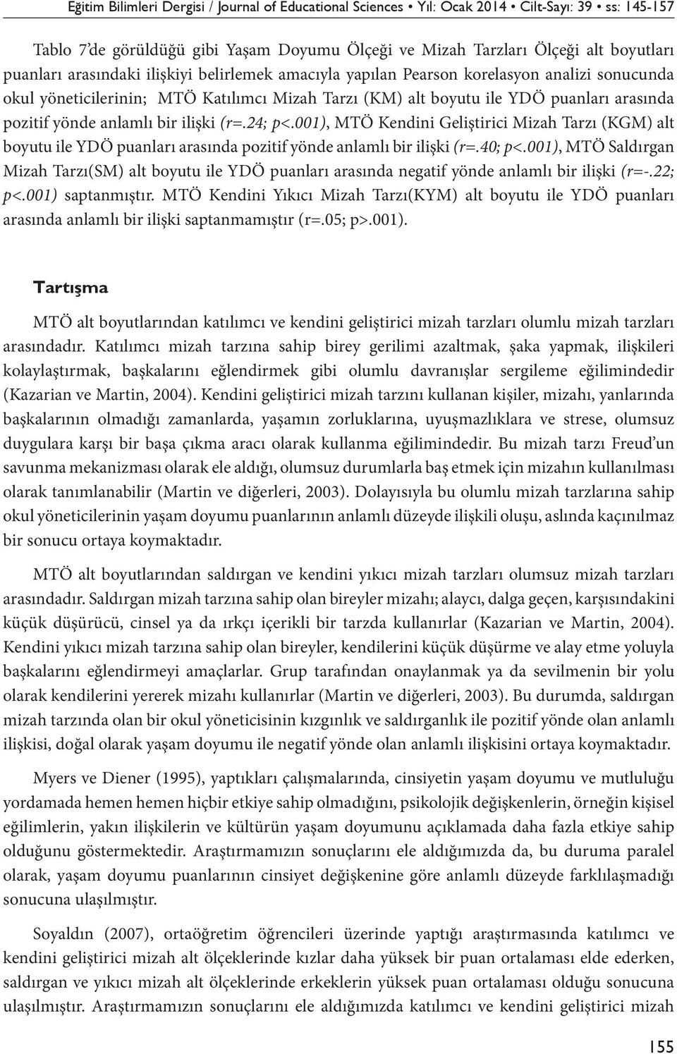 ilişki (r=.24; p<.001), MTÖ Kendini Geliştirici Mizah Tarzı (KGM) alt boyutu ile Ö puanları arasında pozitif yönde anlamlı bir ilişki (r=.40; p<.