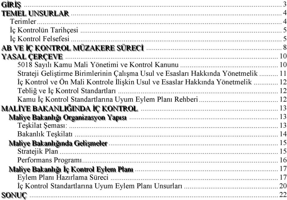 .. 11 İç Kontrol ve Ön Mali Kontrole İlişkin Usul ve Esaslar Hakkında Yönetmelik... 12 Tebliğ ve İç Kontrol Standartları... 12 Kamu İç Kontrol Standartlarına Uyum Eylem Planı Rehberi.