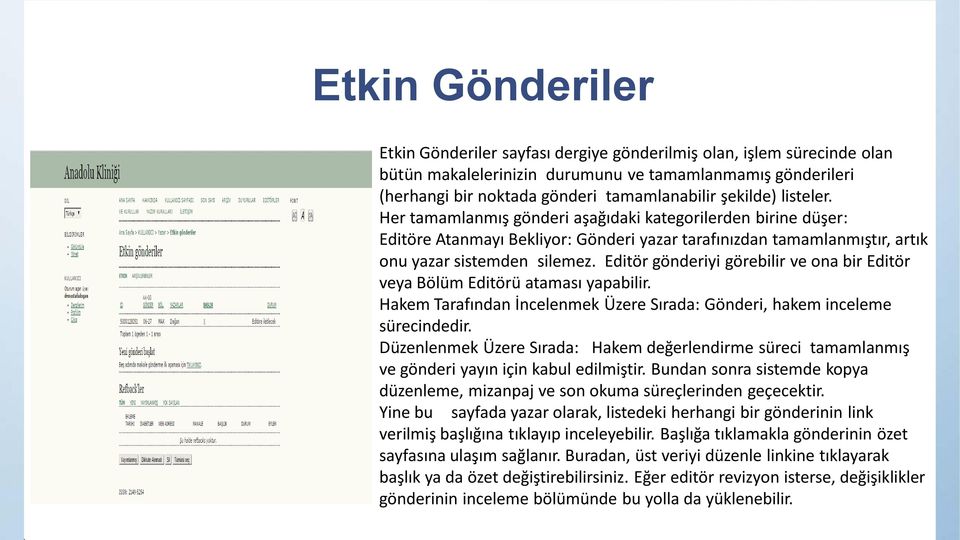 Editör gönderiyi görebilir ve ona bir Editör veya Bölüm Editörü ataması yapabilir. Hakem Tarafından İncelenmek Üzere Sırada: Gönderi, hakem inceleme sürecindedir.