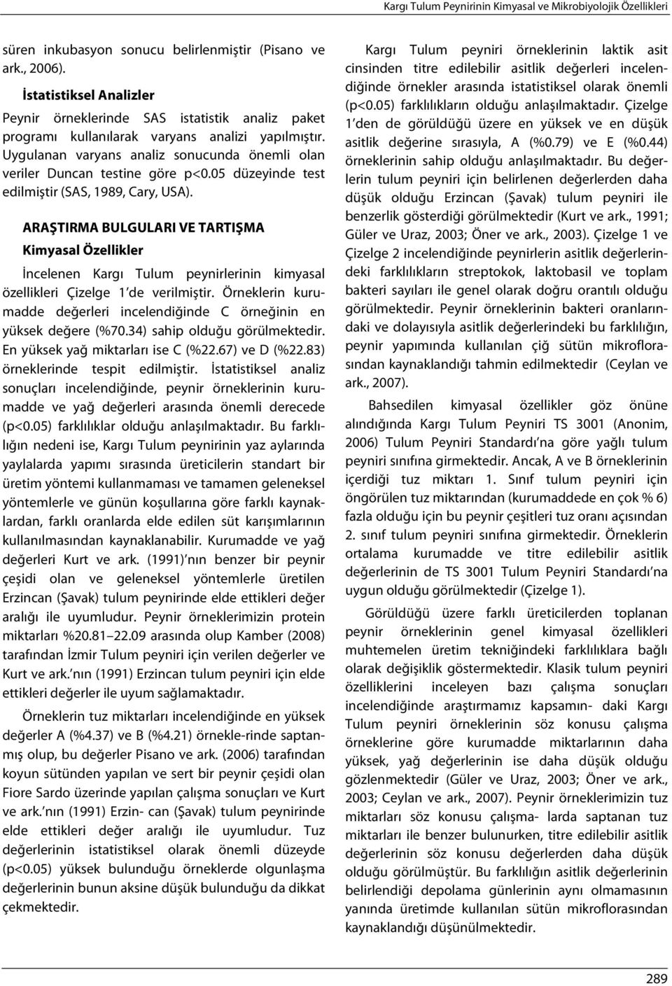 Uygulanan varyans analiz sonucunda önemli olan veriler Duncan testine göre p<0.05 düzeyinde test edilmiştir (SAS, 1989, Cary, USA).