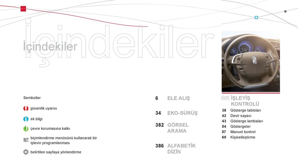 34 EKO-SÜRÜŞ 382 GÖRSEL ARAMA 386 ALFABETİK DİZİN 001 İŞLEYİŞ KONTROLÜ 38 Gösterge