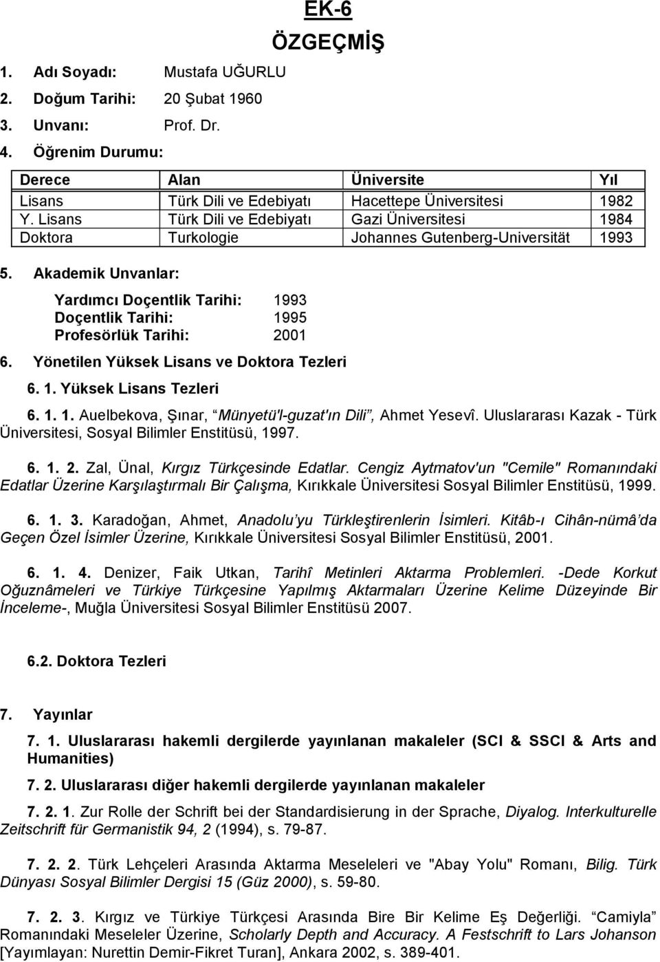 Lisans Türk Dili ve Edebiyatı Gazi Üniversitesi 1984 Doktora Turkologie Johannes Gutenberg-Universität 1993 5.