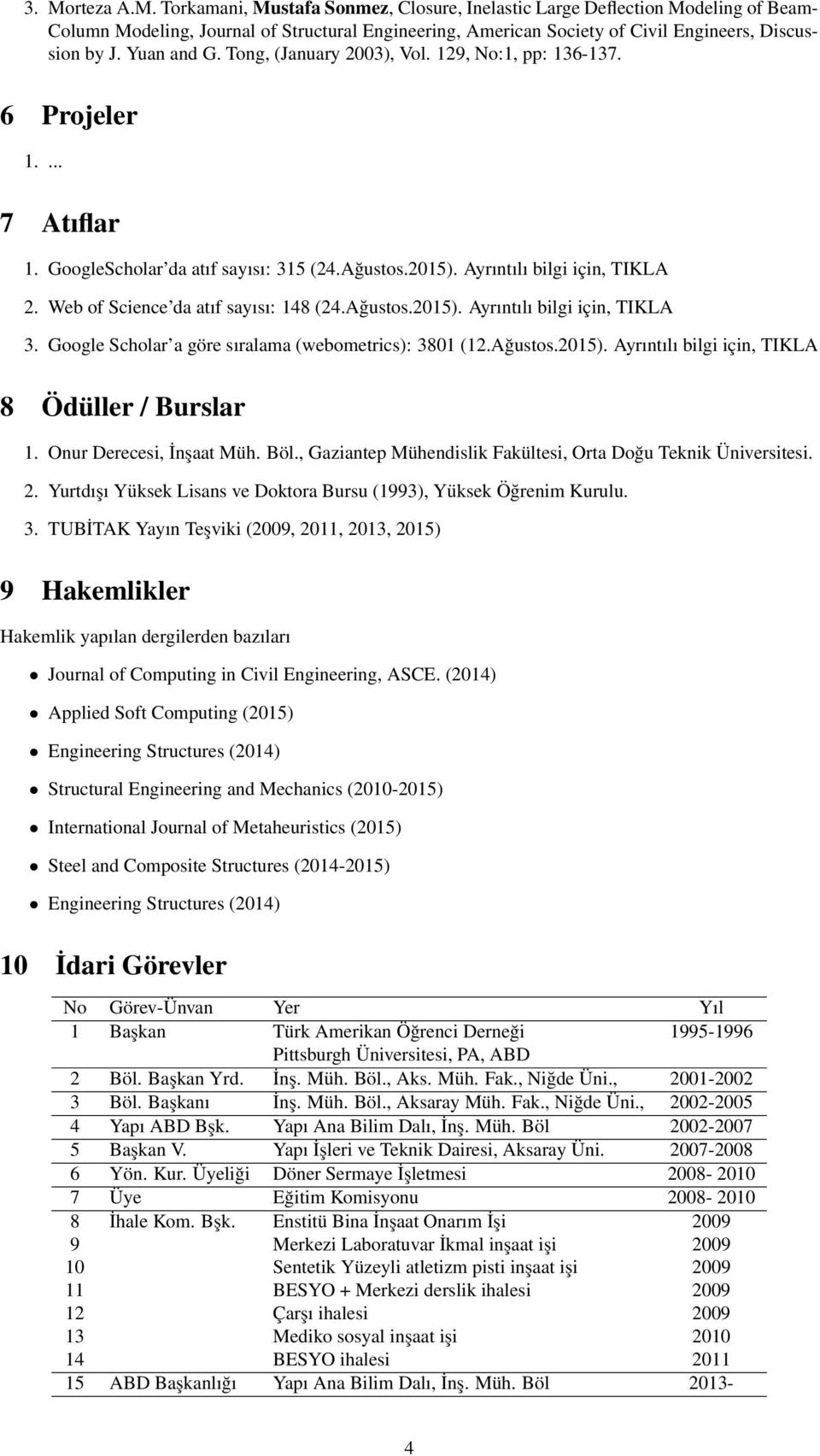 Web of Science da atıf sayısı: 148 (24.Ağustos.2015). Ayrıntılı bilgi için, TIKLA 3. Google Scholar a göre sıralama (webometrics): 3801 (12.Ağustos.2015). Ayrıntılı bilgi için, TIKLA 8 Ödüller / Burslar 1.