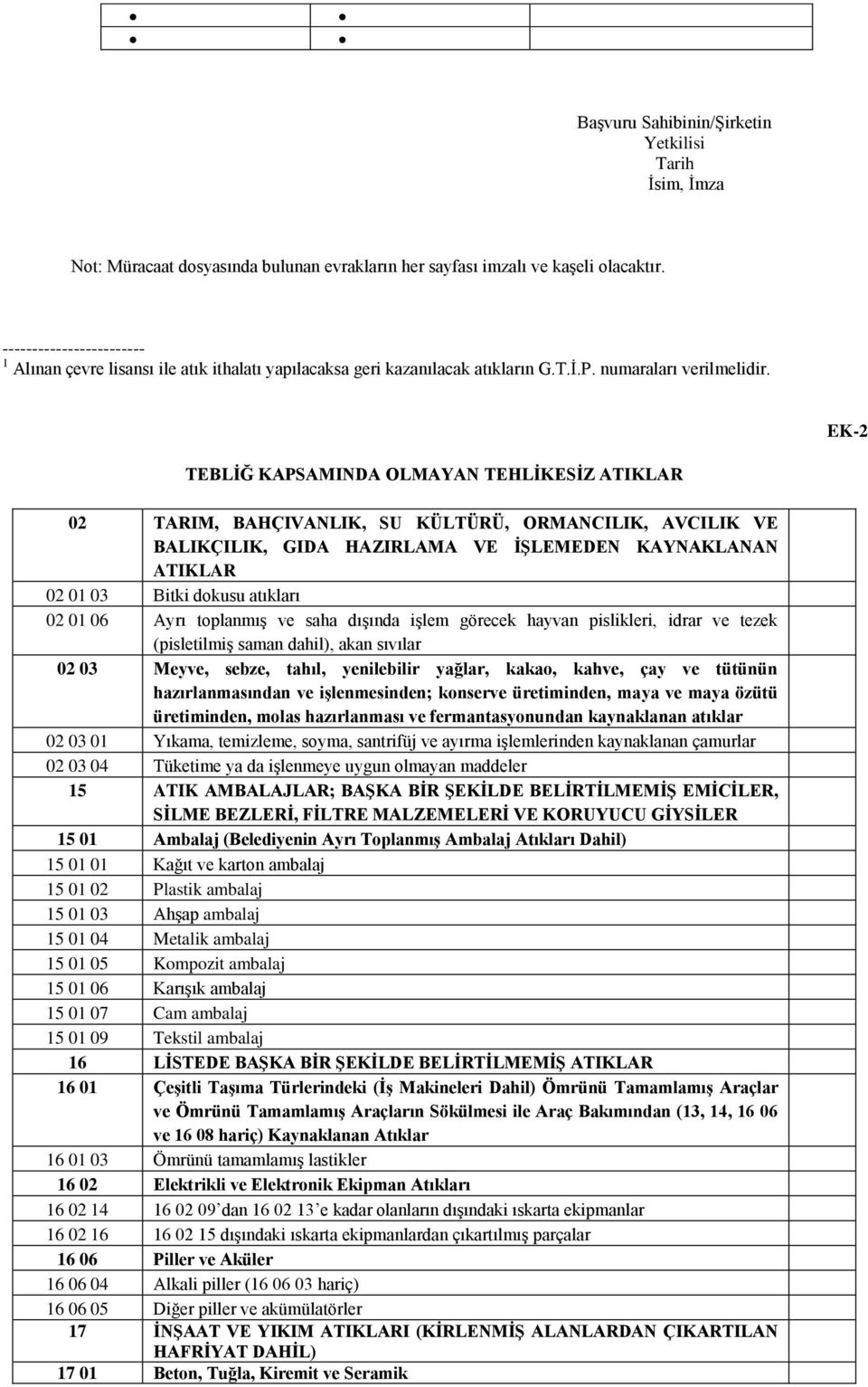 EK-2 TEBLĠĞ KAPSAMINDA OLMAYAN TEHLĠKESĠZ ATIKLAR 02 TARIM, BAHÇIVANLIK, SU KÜLTÜRÜ, ORMANCILIK, AVCILIK VE BALIKÇILIK, GIDA HAZIRLAMA VE ĠġLEMEDEN KAYNAKLANAN ATIKLAR 02 01 03 Bitki dokusu atıkları