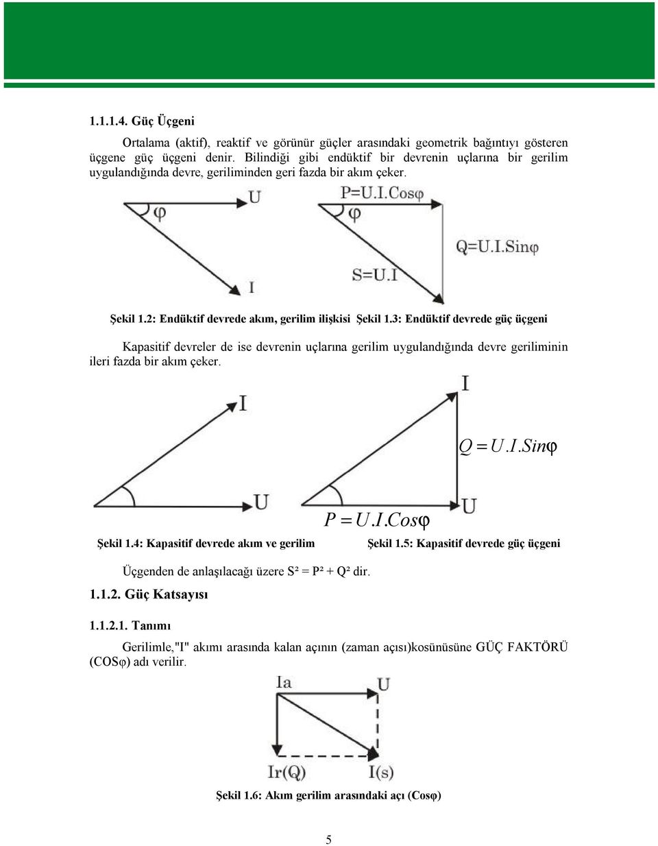 3: Endüktif devrede güç üçgeni Kapasitif devreler de ise devrenin uçlarına gerilim uygulandığında devre geriliminin ileri fazda bir akım çeker. Q = U. I. Sinϕ Şekil 1.