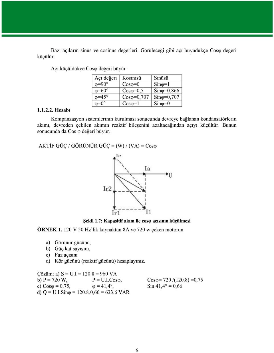 kondansatörlerin akımı, devreden çekilen akımın reaktif bileşenini azaltacağından açıyı küçültür. Bunun sonucunda da Cos φ değeri büyür. AKTİF GÜÇ / GÖRÜNÜR GÜÇ = (W) / (VA) = Cosφ Şekil 1.