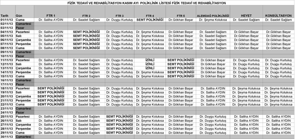 Duygu Kurtuluş Dr. Şeyma Kolukısa Dr.Gökhan Başar Dr. Saadet Sağlam Dr.Gökhan Başar Dr.Gökhan Başar 05/11/13 Salı Dr. Saliha AYDIN SEMT POLİKİNİĞİ Dr. Duygu Kurtuluş Dr. Şeyma Kolukısa Dr.Gökhan Başar Dr. Saadet Sağlam Dr.Gökhan Başar Dr.Gökhan Başar 06/11/13 Çarşamba Dr.