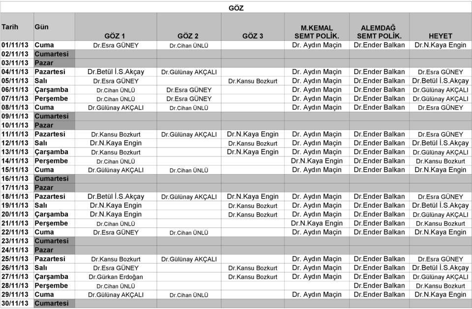 Esra GÜNEY Dr. Aydın Maçin Dr.Ender Balkan Dr.Gülünay AKÇALI 07/11/13 Perşembe Dr.Cihan ÜNLÜ Dr.Esra GÜNEY Dr. Aydın Maçin Dr.Ender Balkan Dr.Gülünay AKÇALI 08/11/13 Cuma Dr.Gülünay AKÇALI Dr.