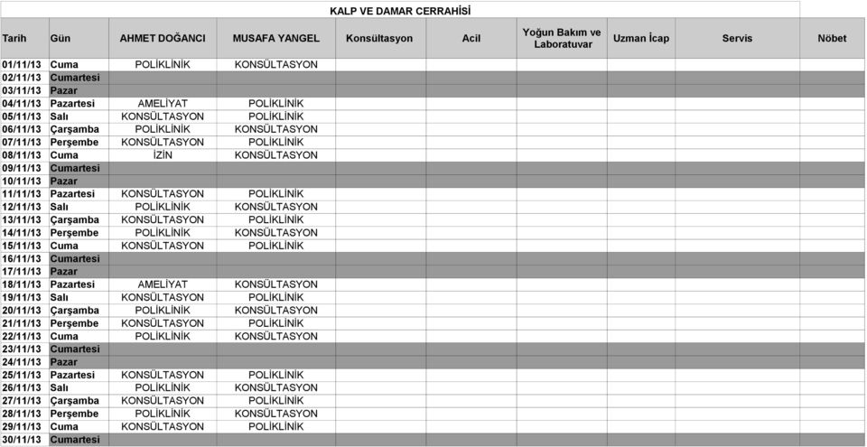 POLİKLİNİK 12/11/13 Salı POLİKLİNİK KONSÜLTASYON 13/11/13 Çarşamba KONSÜLTASYON POLİKLİNİK 14/11/13 Perşembe POLİKLİNİK KONSÜLTASYON 15/11/13 Cuma KONSÜLTASYON POLİKLİNİK 18/11/13 Pazartesi AMELİYAT