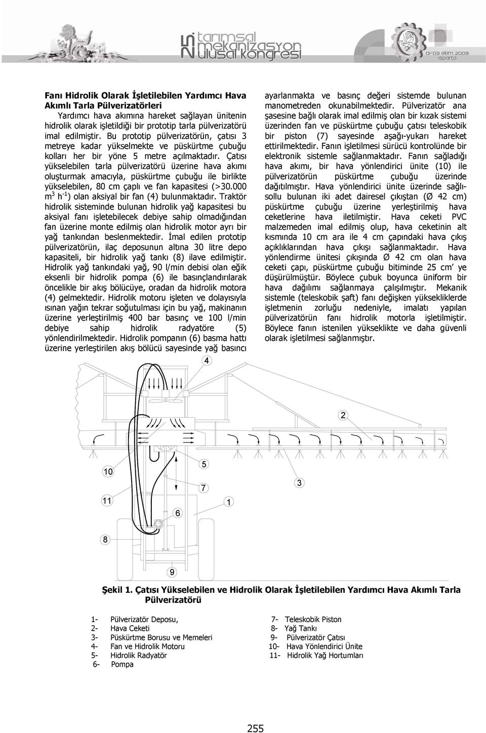 Çatısı yükselebilen tarla pülverizatörü üzerine hava akımı oluşturmak amacıyla, püskürtme çubuğu ile birlikte yükselebilen, 80 cm çaplı ve fan kapasitesi (>30.