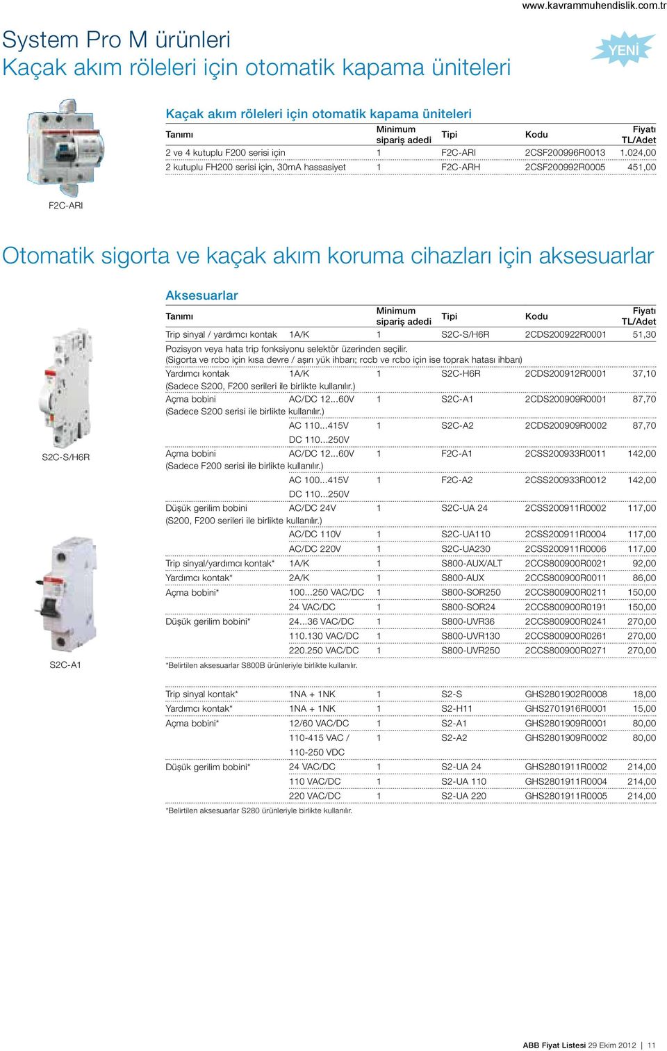 024,00 2 kutuplu FH200 serisi için, 30mA hassasiyet 1 F2C-ARH 2CSF200992R0005 451,00 F2C-ARI Otomatik sigorta ve kaçak akım koruma cihazları için aksesuarlar S2C-S/H6R S2C-A1 Aksesuarlar Minimum