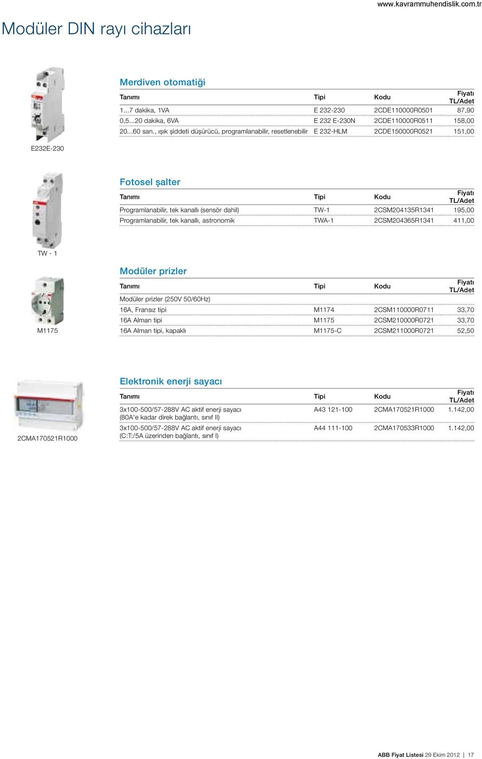 Programlanabilir, tek kanallı, astronomik TWA-1 2CSM204365R1341 411,00 TW - 1 M1175 Modüler prizler Modüler prizler (250V 50/60Hz) 16A, Fransız tipi M1174 2CSM110000R0711 33,70 16A Alman tipi M1175