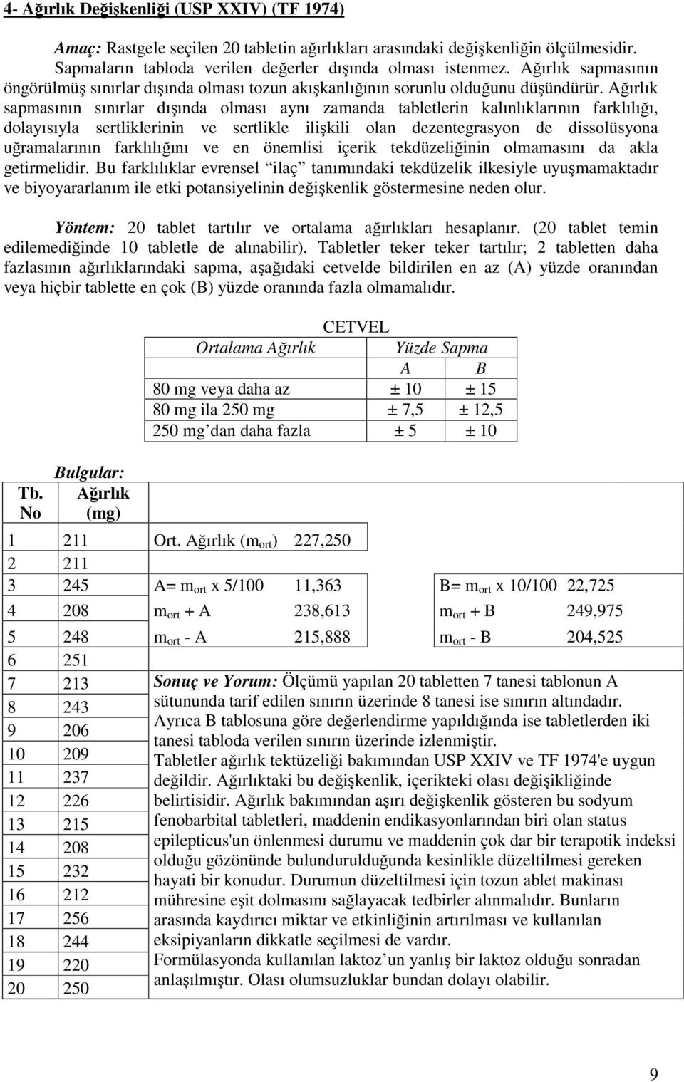 Ağırlık sapmasının sınırlar dışında olması aynı zamanda tabletlerin kalınlıklarının farklılığı, dolayısıyla sertliklerinin ve sertlikle ilişkili olan dezentegrasyon de dissolüsyona uğramalarının