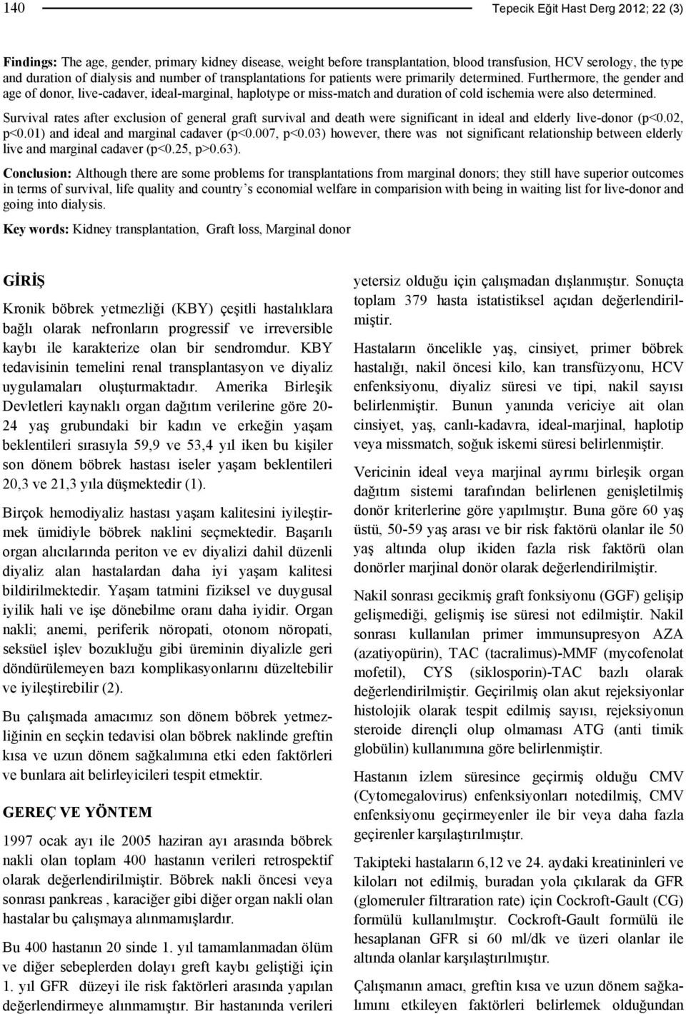 Furthermore, the gender and age of donor, live-cadaver, ideal-marginal, haplotype or miss-match and duration of cold ischemia were also determined.