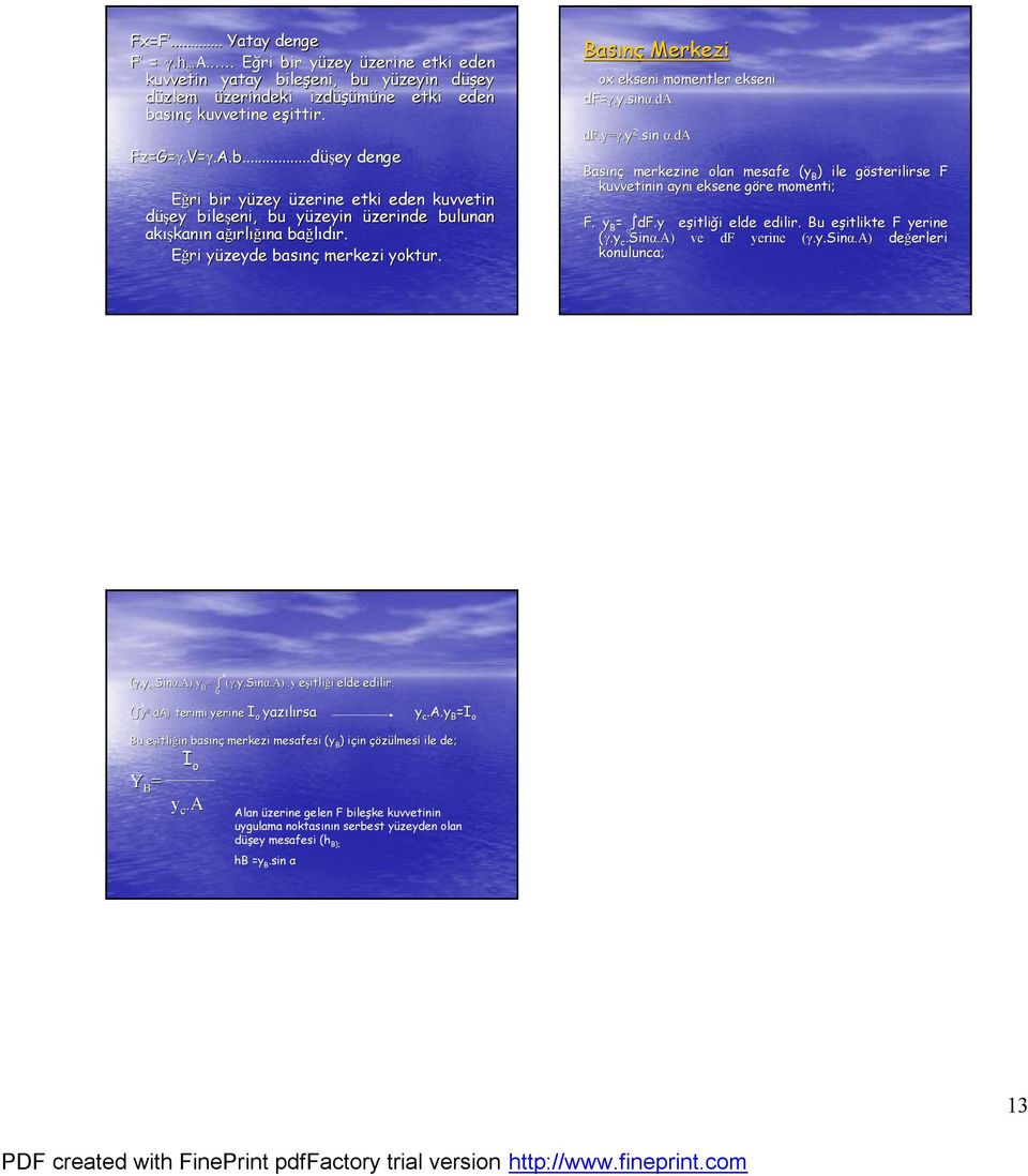 d Basınç merkezine olan mesafe (y( B ) ile gösterilirse g F kuvvetinin aynı eksene göre g momenti; F. y B = df.y eşitlie itliği elde edilir. Bu eşitlikte F yerine (γ.y c.sinα.).) ve df yerine (γ.y.sin(.