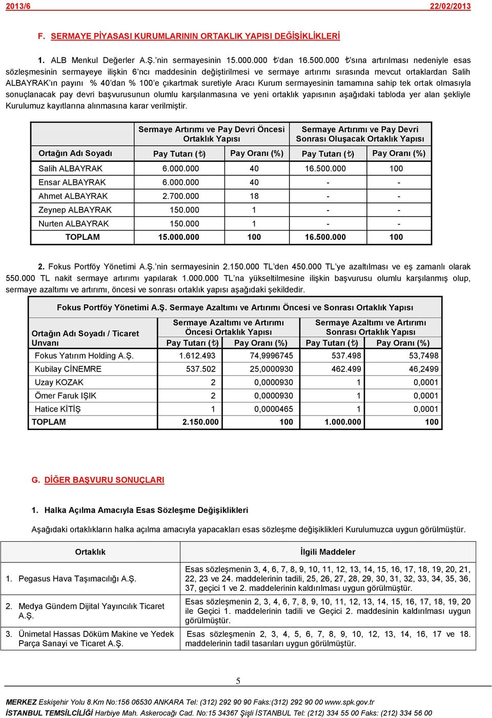 çıkartmak suretiyle Aracı Kurum sermayesinin tamamına sahip tek ortak olmasıyla sonuçlanacak pay devri başvurusunun olumlu karşılanmasına ve yeni ortaklık yapısının aşağıdaki tabloda yer alan