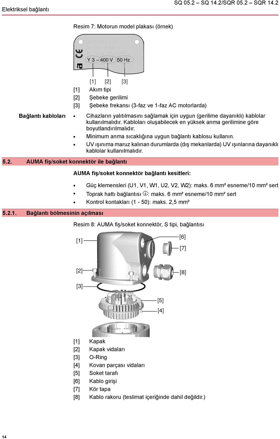 dayanıklı) kablolar kullanılmalıdır. Kabloları oluşabilecek en yüksek anma gerilimine göre boyutlandırılmalıdır. Minimum anma sıcaklığına uygun bağlantı kablosu kullanın.