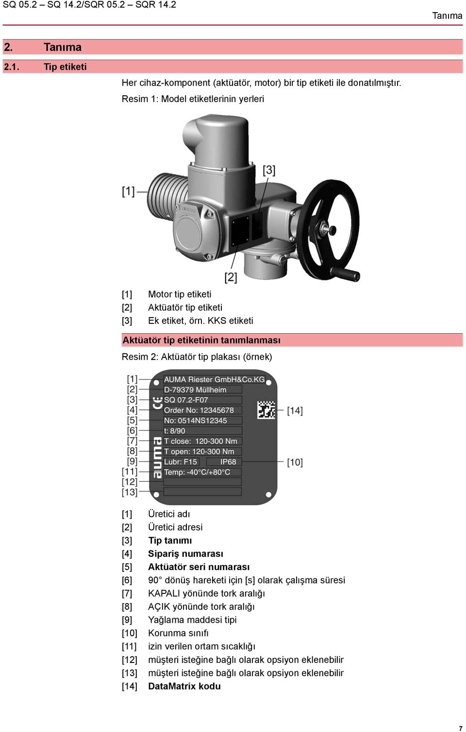 KKS etiketi Aktüatör tip etiketinin tanımlanması Resim 2: Aktüatör tip plakası (örnek) [1] Üretici adı [2] Üretici adresi [3] Tip tanımı [4] Sipariş numarası [5] Aktüatör seri numarası [6]