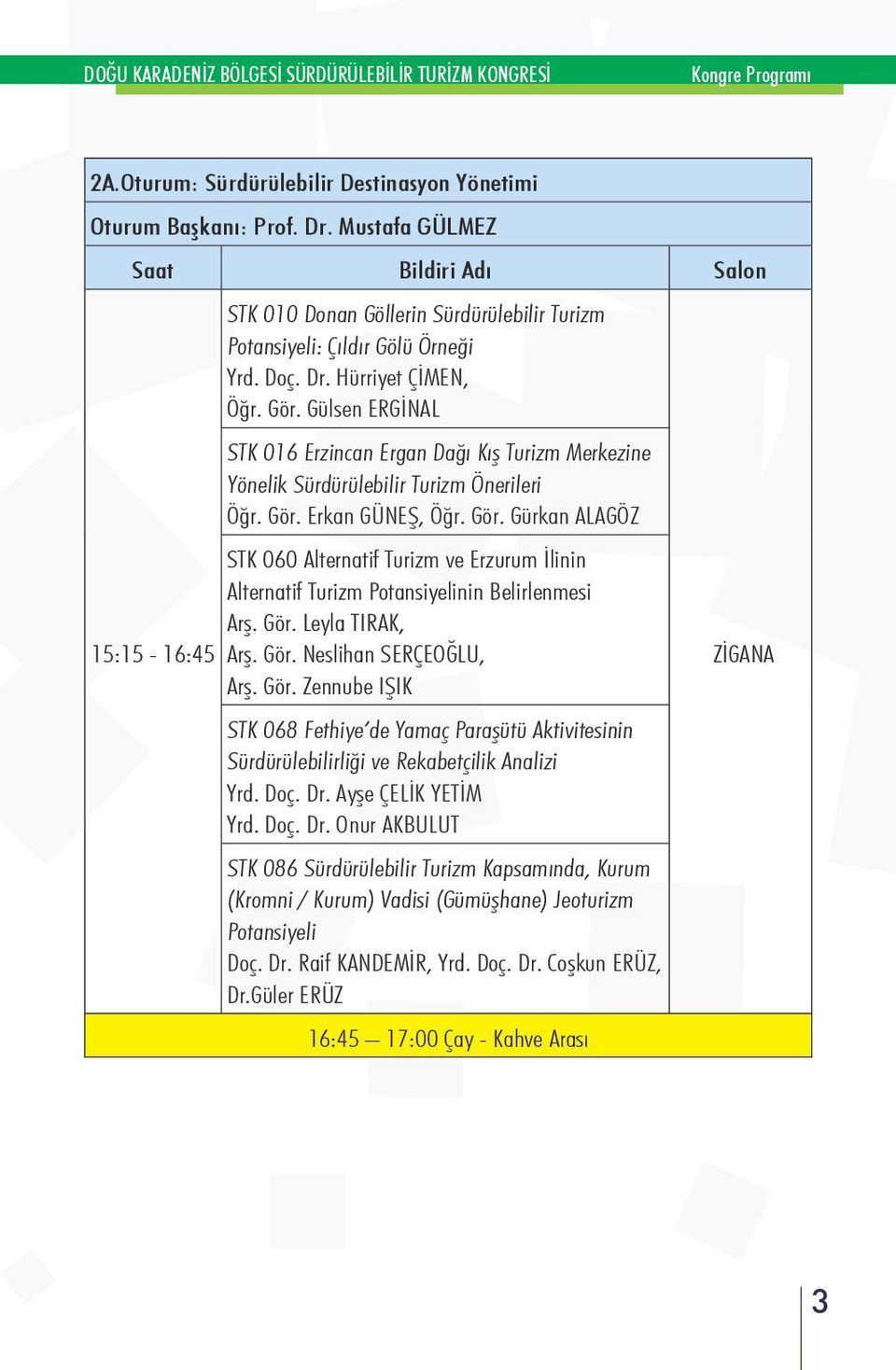 Erkan GÜNEŞ, Öğr. Gör. Gürkan ALAGÖZ STK 060 Alternatif Turizm ve Erzurum İlinin Alternatif Turizm Potansiyelinin Belirlenmesi Arş. Gör. Leyla TIRAK, 15:15-16:45 Arş. Gör. Neslihan SERÇEOĞLU, ZİGANA Arş.