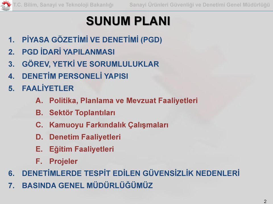 Politika, Planlama ve Mevzuat Faaliyetleri B. Sektör Toplantıları C.