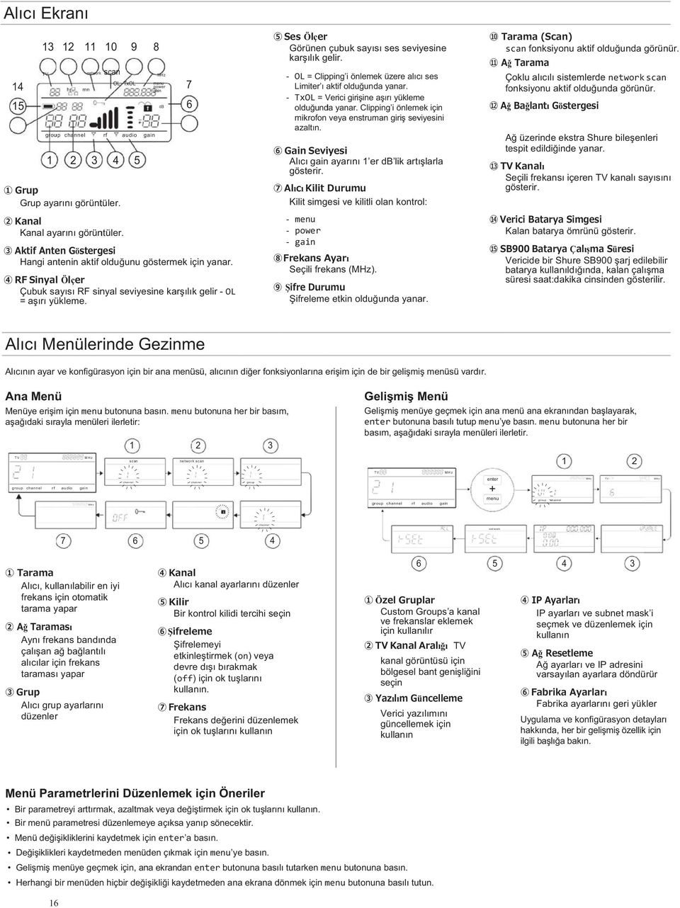 8 MHz menu power gain 7 db 6 Ö ç Görünen çubuk sayısı ses seviyesine kar ılık gelir. - OL = Clipping i önlemek üzere alıcı ses Limiter ı aktif oldu unda yanar.