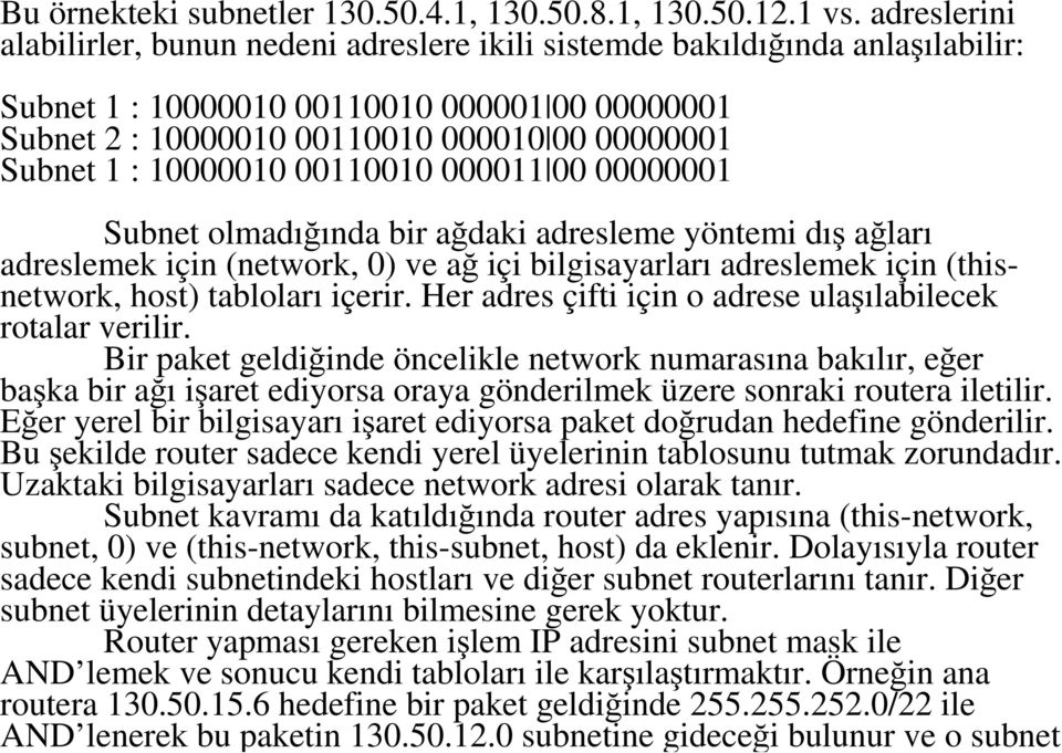 10000010 00110010 000011 00 00000001 Subnet olmadığında bir ağdaki adresleme yöntemi dış ağları adreslemek için (network, 0) ve ağ içi bilgisayarları adreslemek için (thisnetwork, host) tabloları